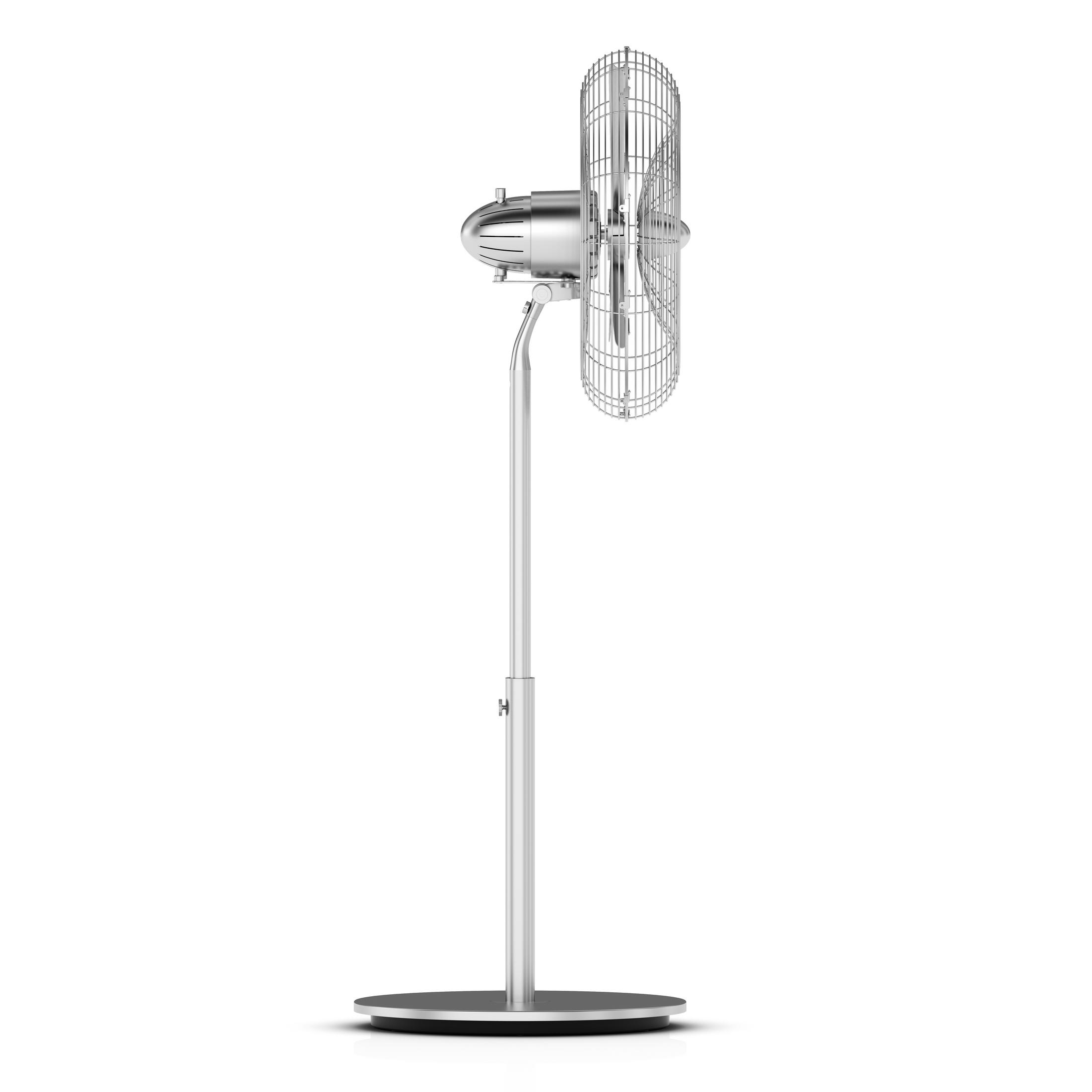 A silver standing fan with a circular base, set against a white background.