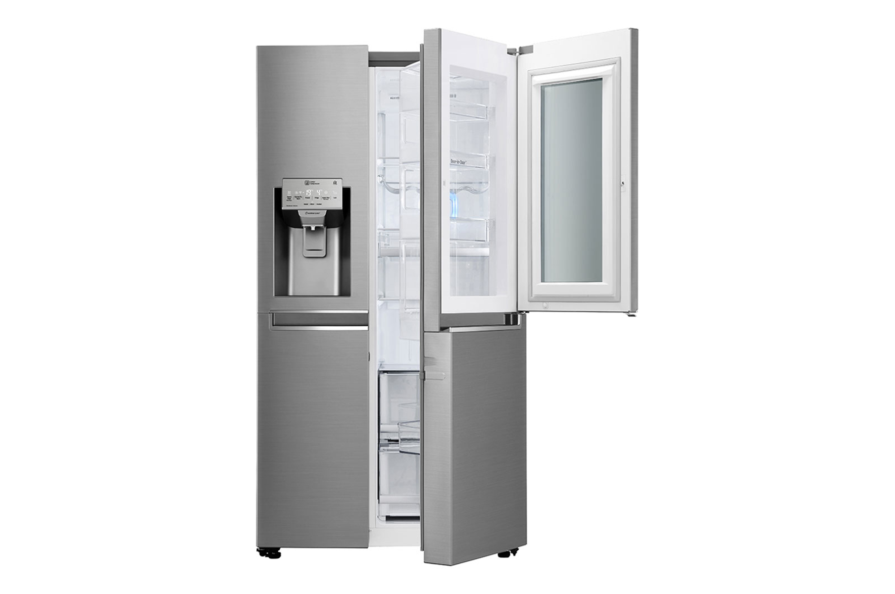 Un refrigerador de acero inoxidable con puertas abiertas. La puerta izquierda tiene un dispensador de agua. La puerta derecha tiene una ventana.