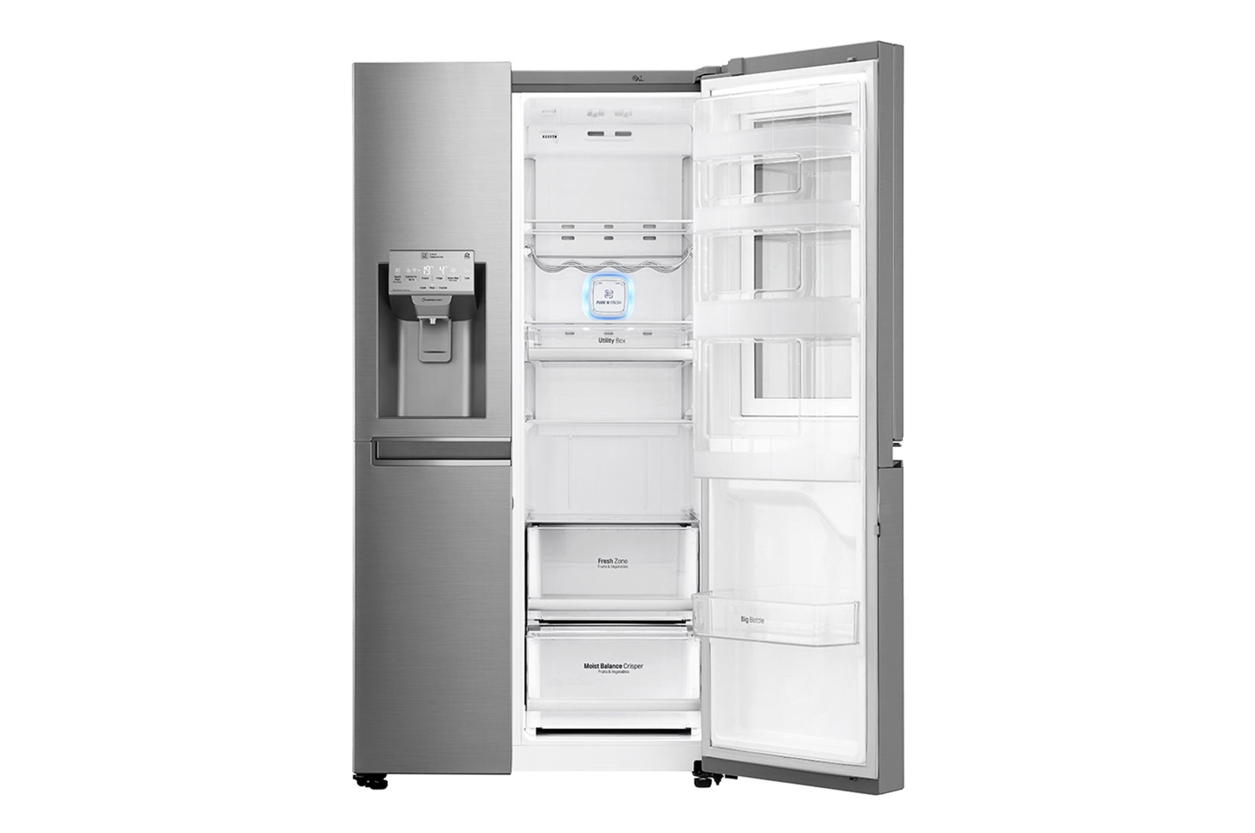 Un refrigerador LG de acero inoxidable con las puertas abiertas. La puerta izquierda tiene un dispensador de agua. La derecha tiene estantes y cajones.