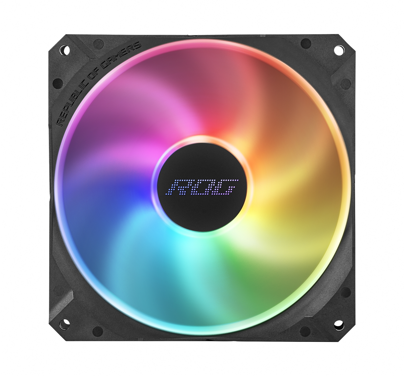 RGB-Lüfter. Schwarzer Rahmen, bunte Flügel, ROG-Logo. Für den Computer.