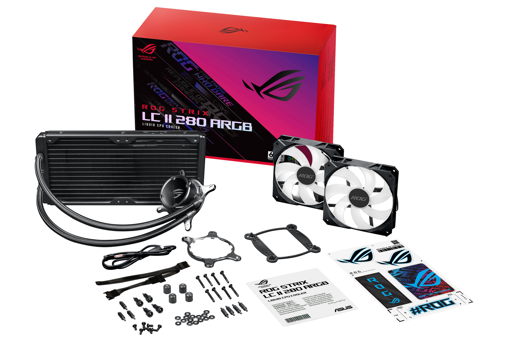 ROG Strix LC II 280 ARGB Flüssigkeits-CPU-Kühler-Komponenten mit einer Box. Weißer Hintergrund.