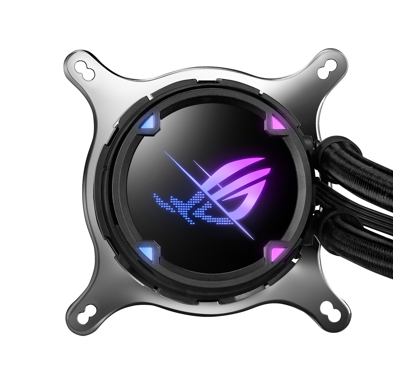 Ein Computer-Flüssigkeitskühler mit Lüfter und ROG-Logo auf weißem Hintergrund.