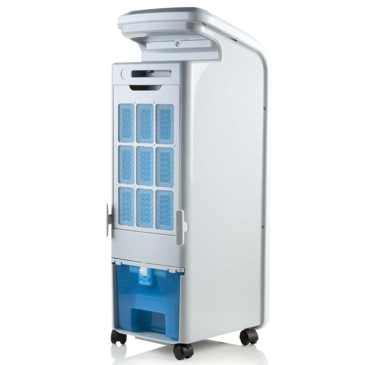 Weißer Luftkühler mit blauem Filter. Er hat Räder und einen Wassertank unten.