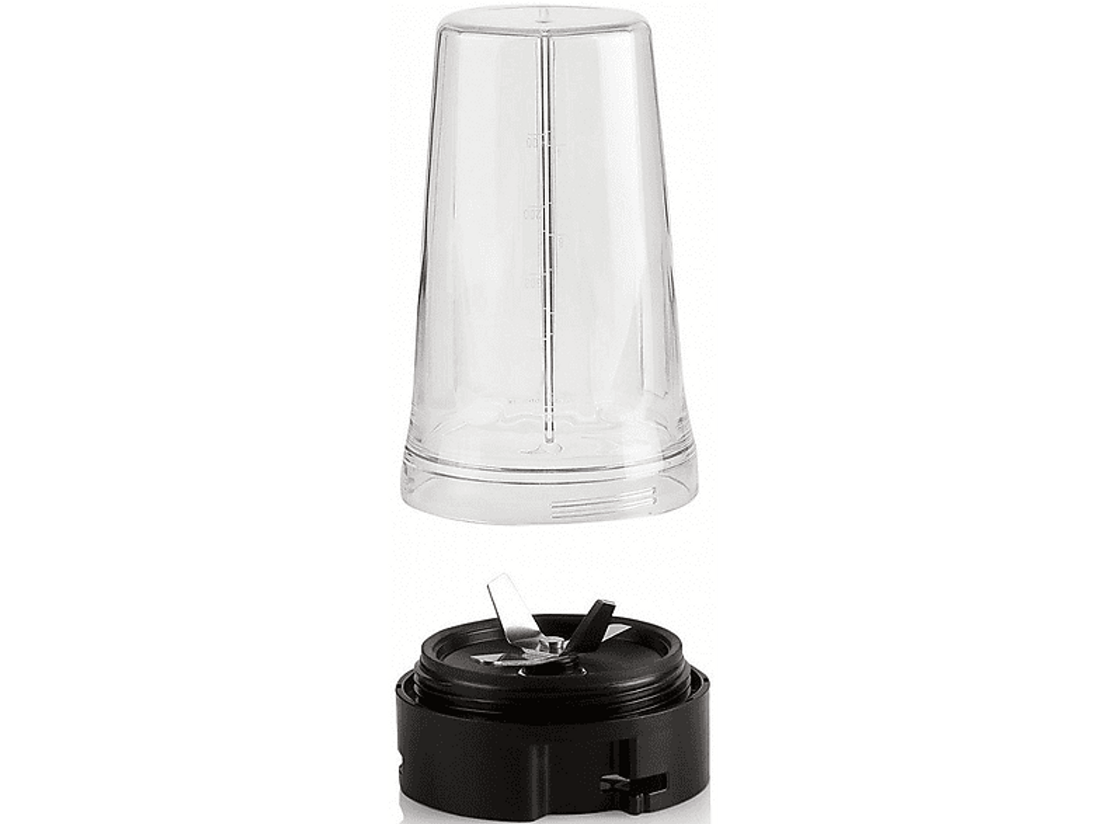 Piezas de licuadora: vaso transparente y base de cuchillas negra. Fondo blanco.