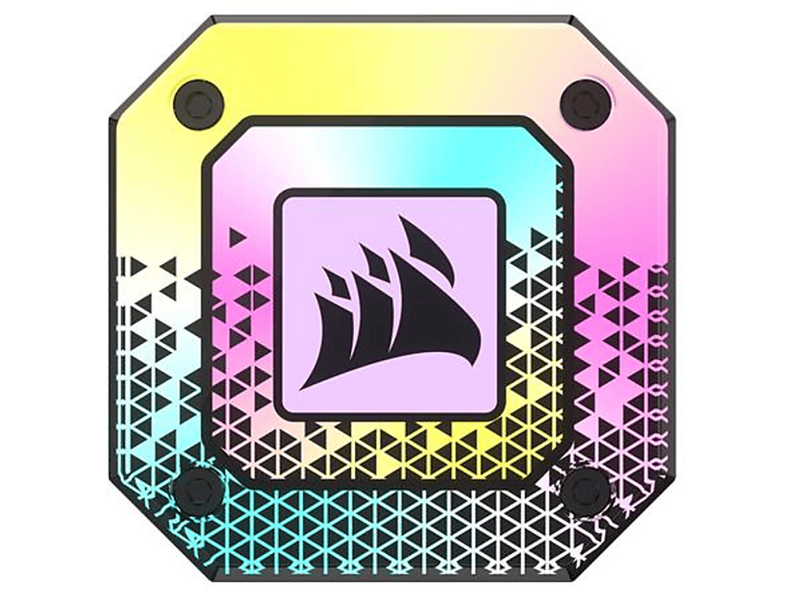 Quadratische PC-Komponente mit lebendigen Farben und schwarzem Logo.