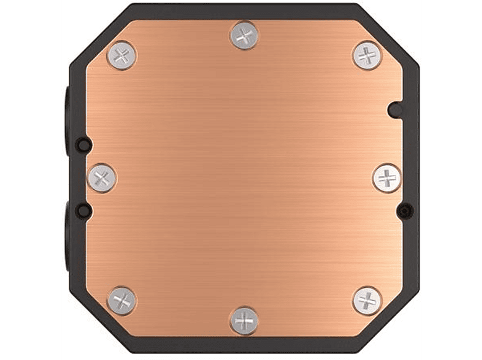 Kupferner CPU-Wasserblock mit Schrauben. Schwarzer Rahmen um die Kupferplatte.