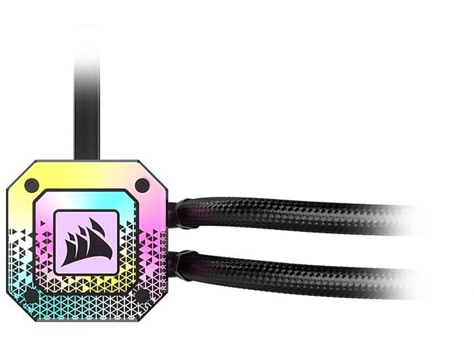 Ein Computer-Wasserkühler mit einem quadratischen Block und zwei schwarzen Schläuchen, mit dem Corsair-Logo.
