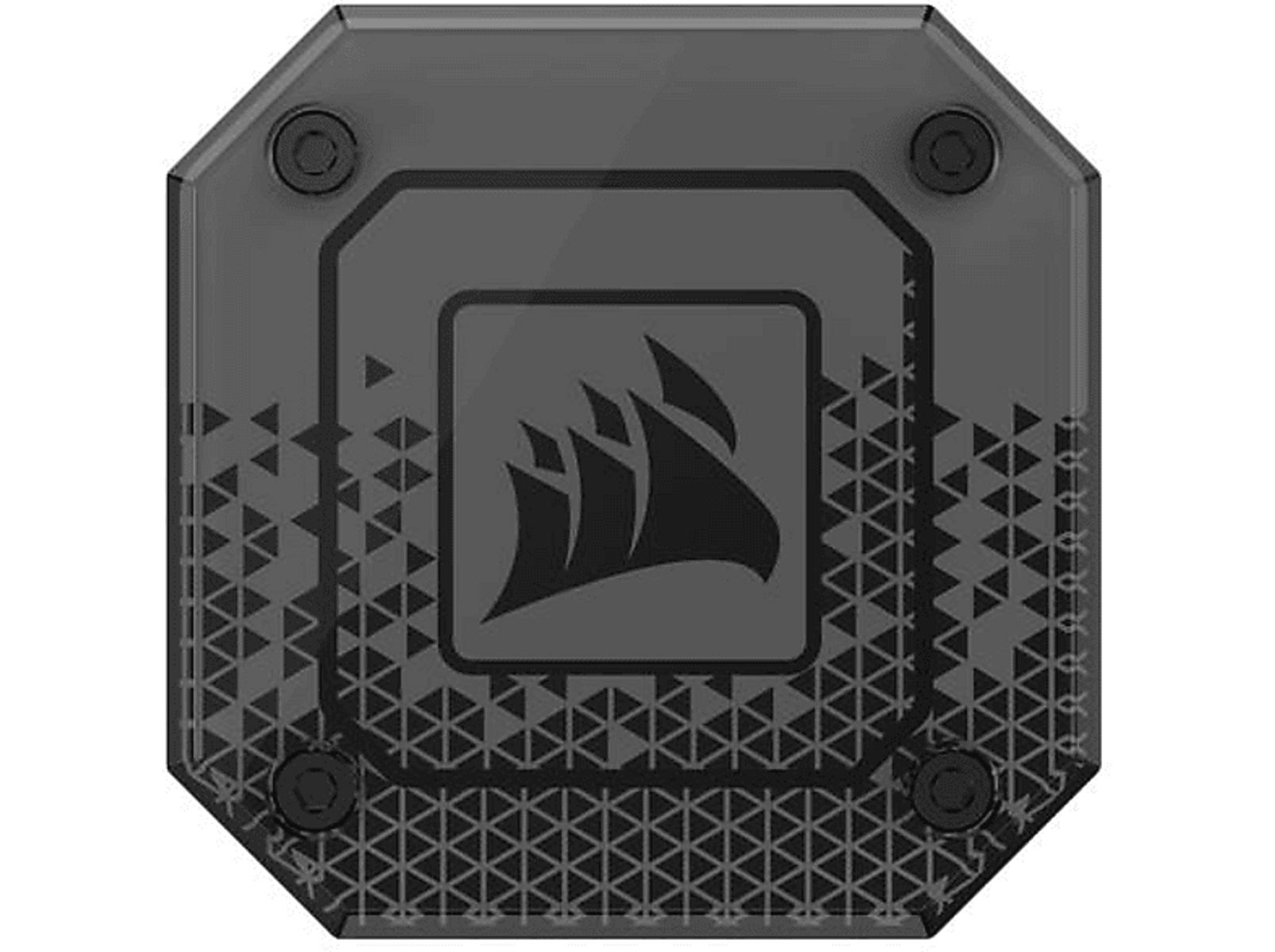 Schwarze quadratische Corsair-Komponente mit Logo und geometrischem Muster.