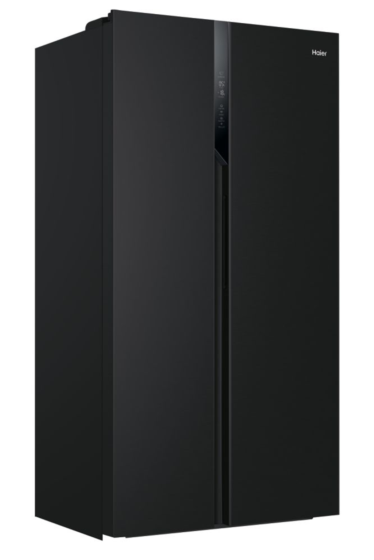 Un frigorifero Haier nero con due porte. Il marchio si trova sulla porta superiore destra.