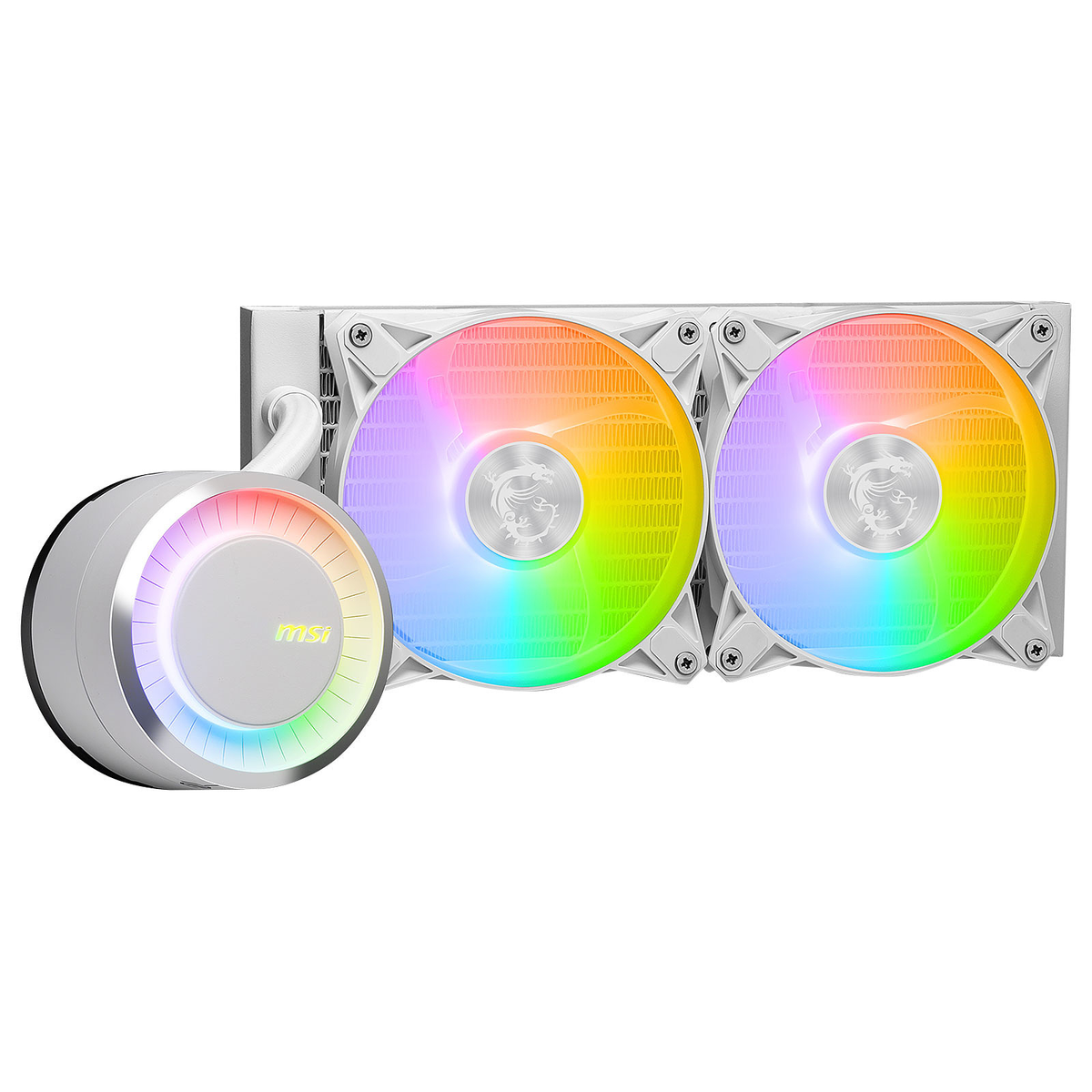Chłodzenie procesora MSI z dwoma wentylatorami podświetlonymi tęczowymi kolorami.