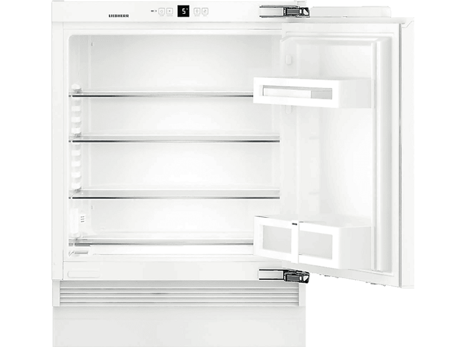 Frigorifero bianco con la porta aperta, che mostra ripiani e cassetti. L'interno è bianco.