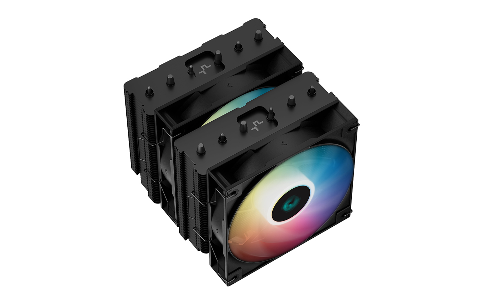 Czarny cooler CPU z dwoma wentylatorami, tęczowe światło na jednym wentylatorze, białe tło.