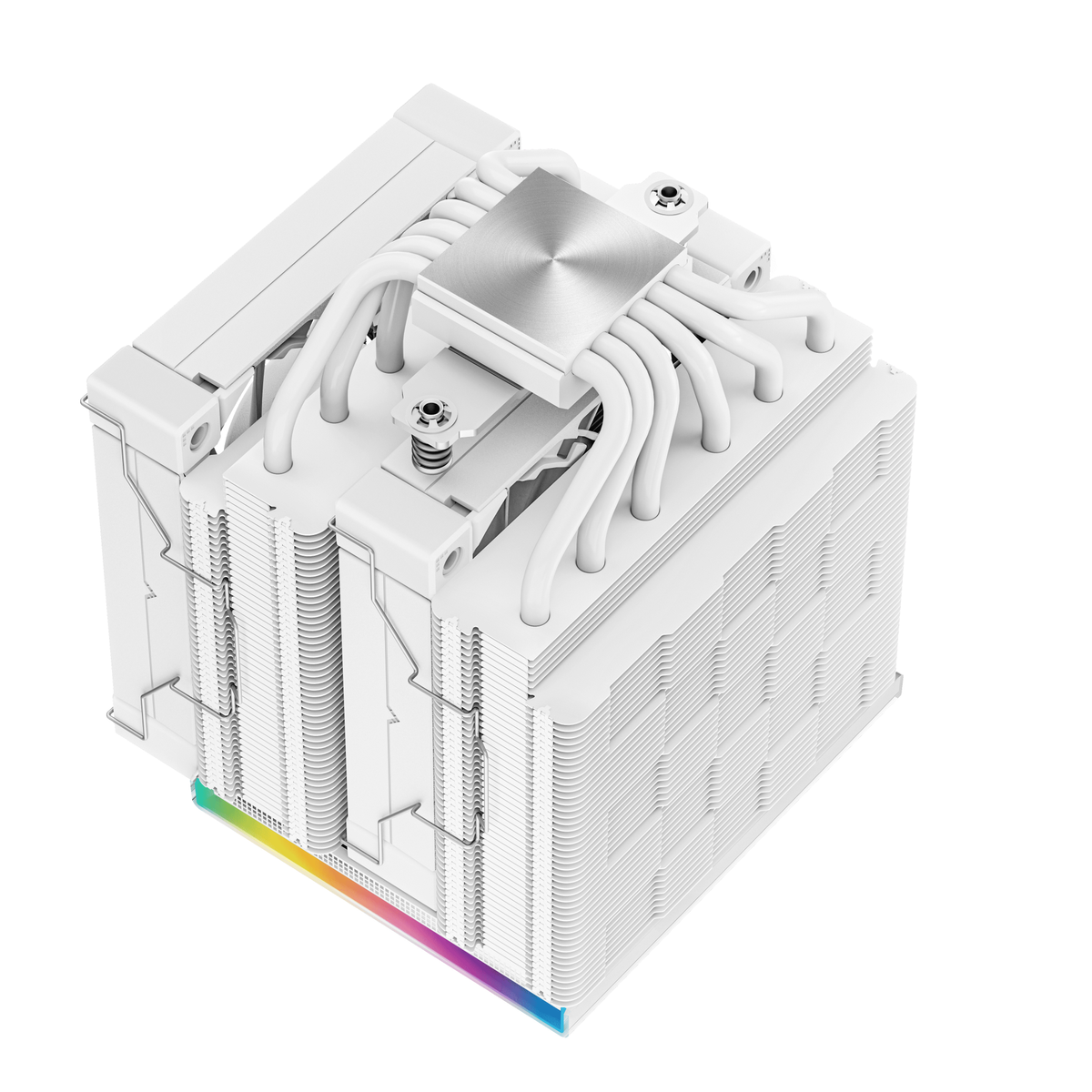 Białe chłodzenie procesora z wieloma rurkami cieplnymi i wentylatorem, na białym tle.