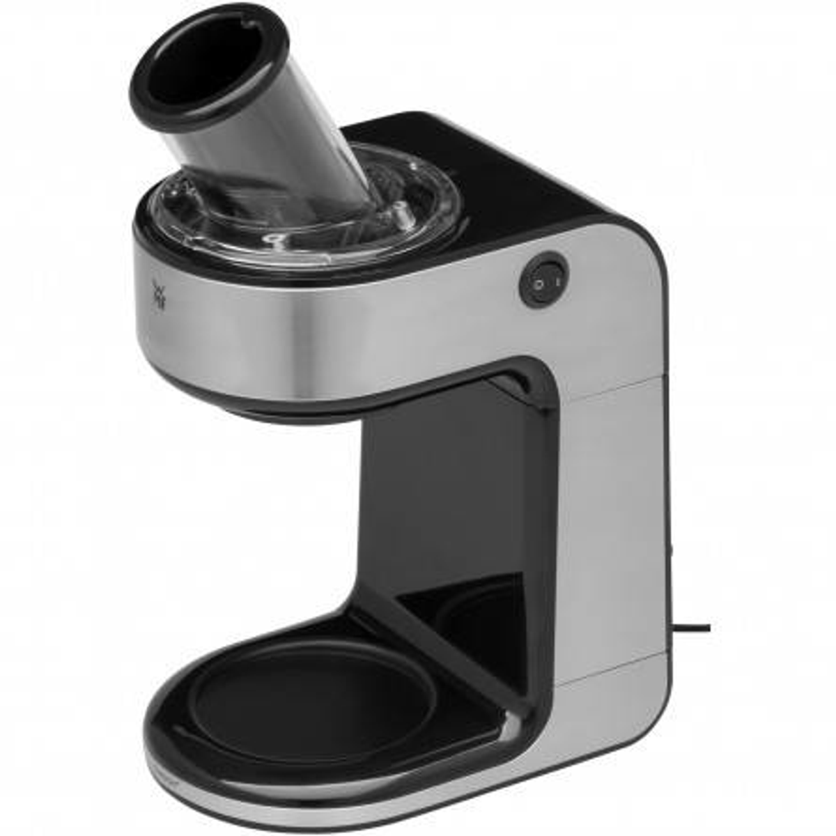 Silber-schwarze Eismaschine mit schwarzem Deckel und silbernem Sockel.