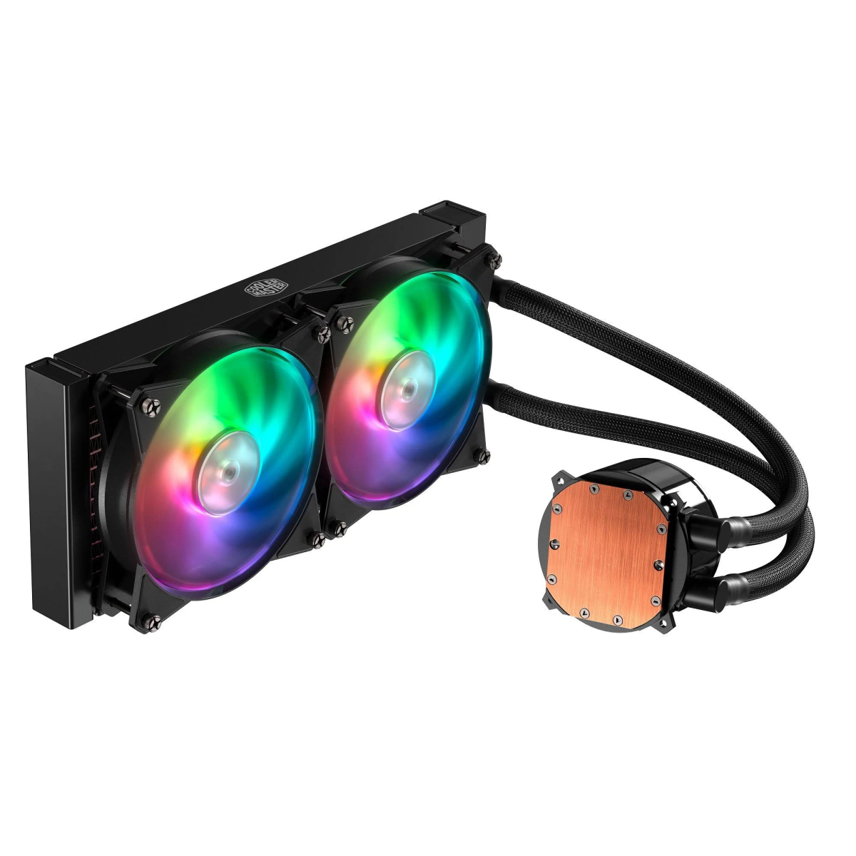 Un dissipatore a liquido nero per CPU con due ventole che hanno luci a LED colorate. Il blocco di raffreddamento è in rame.