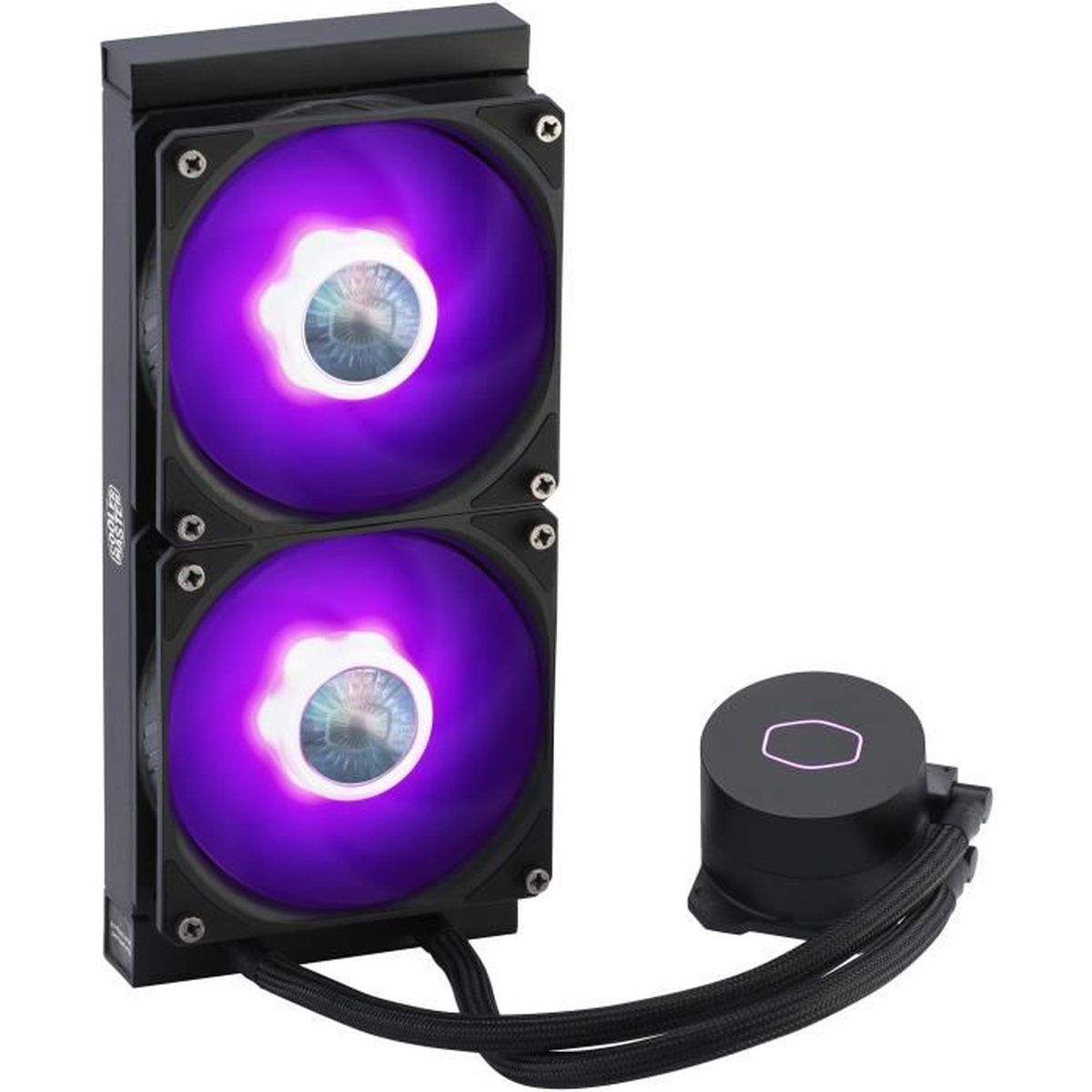 Un sistema di raffreddamento per computer nero e viola con due ventole e una pompa dell'acqua.