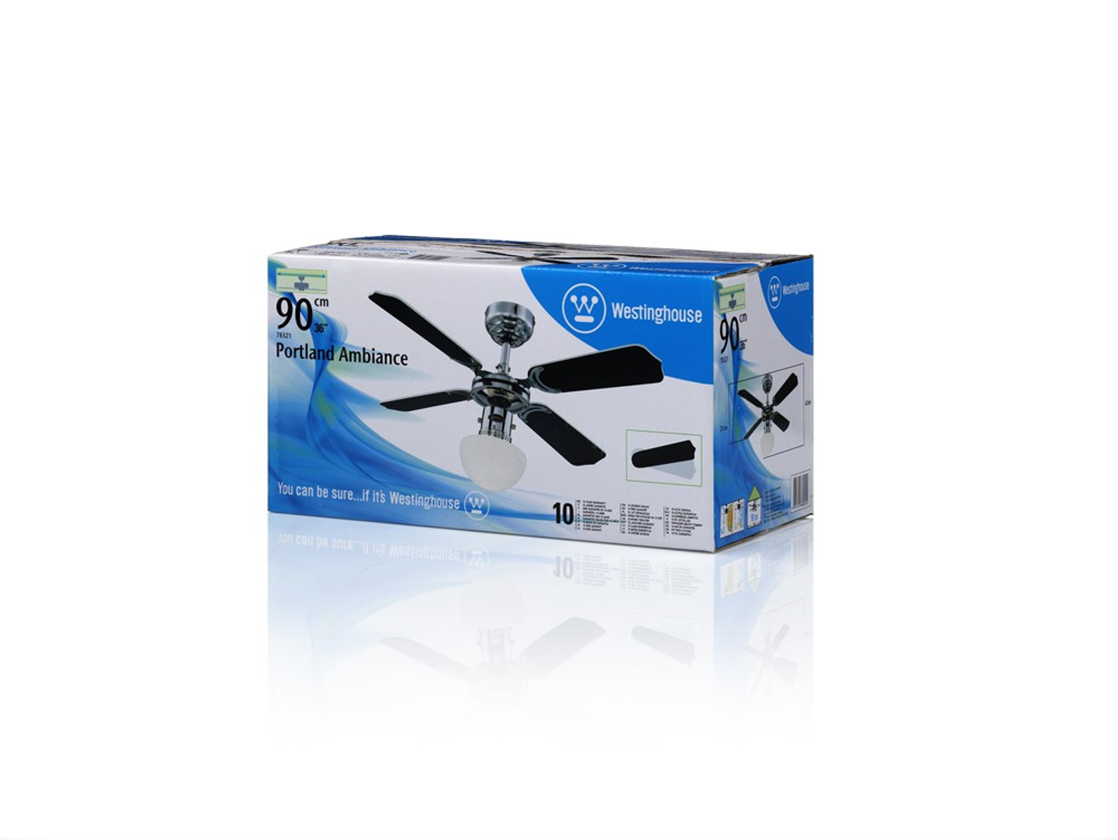 Eine Westinghouse Deckenventilatorbox. Zeigt einen schwarzen Ventilator und den Markennamen.