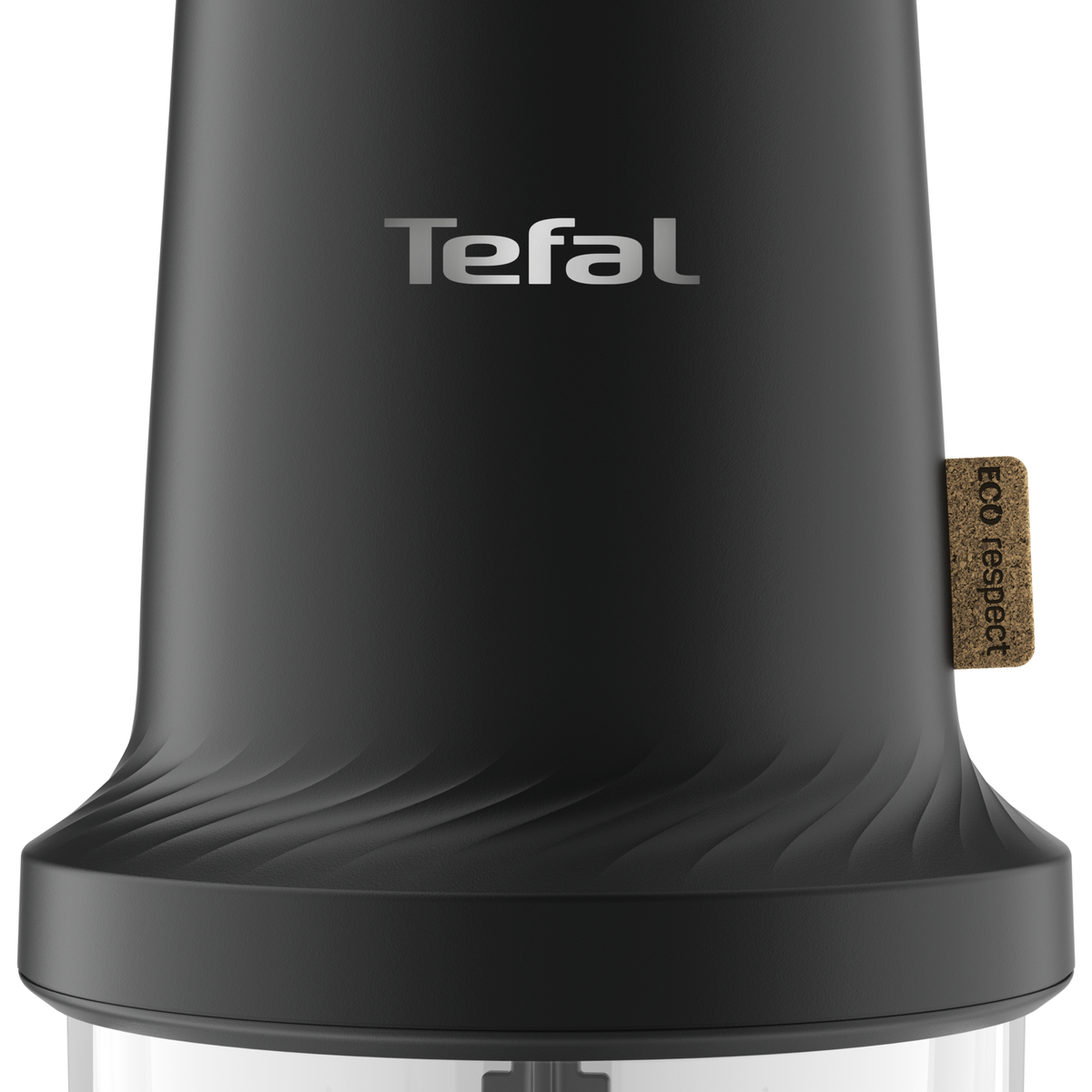 Una base per frullatore Tefal nera. Ha un dettaglio in sughero con l'etichetta 'eco respect'.