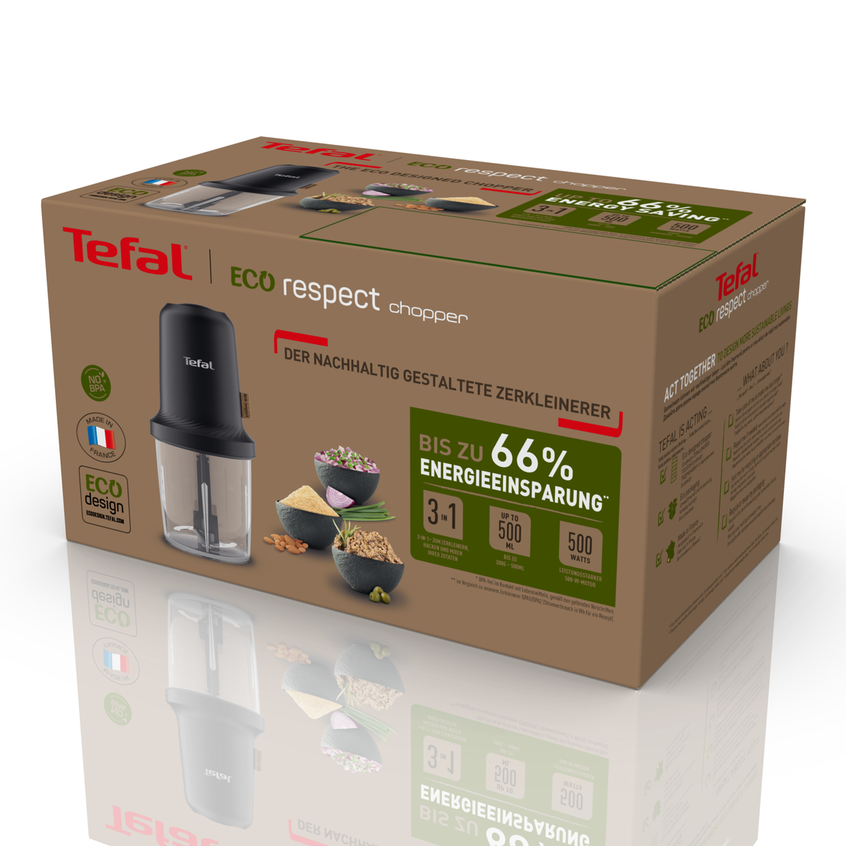 Scatola tritatutto Tefal eco respect con un tritatutto e ingredienti. Lo sfondo è bianco.