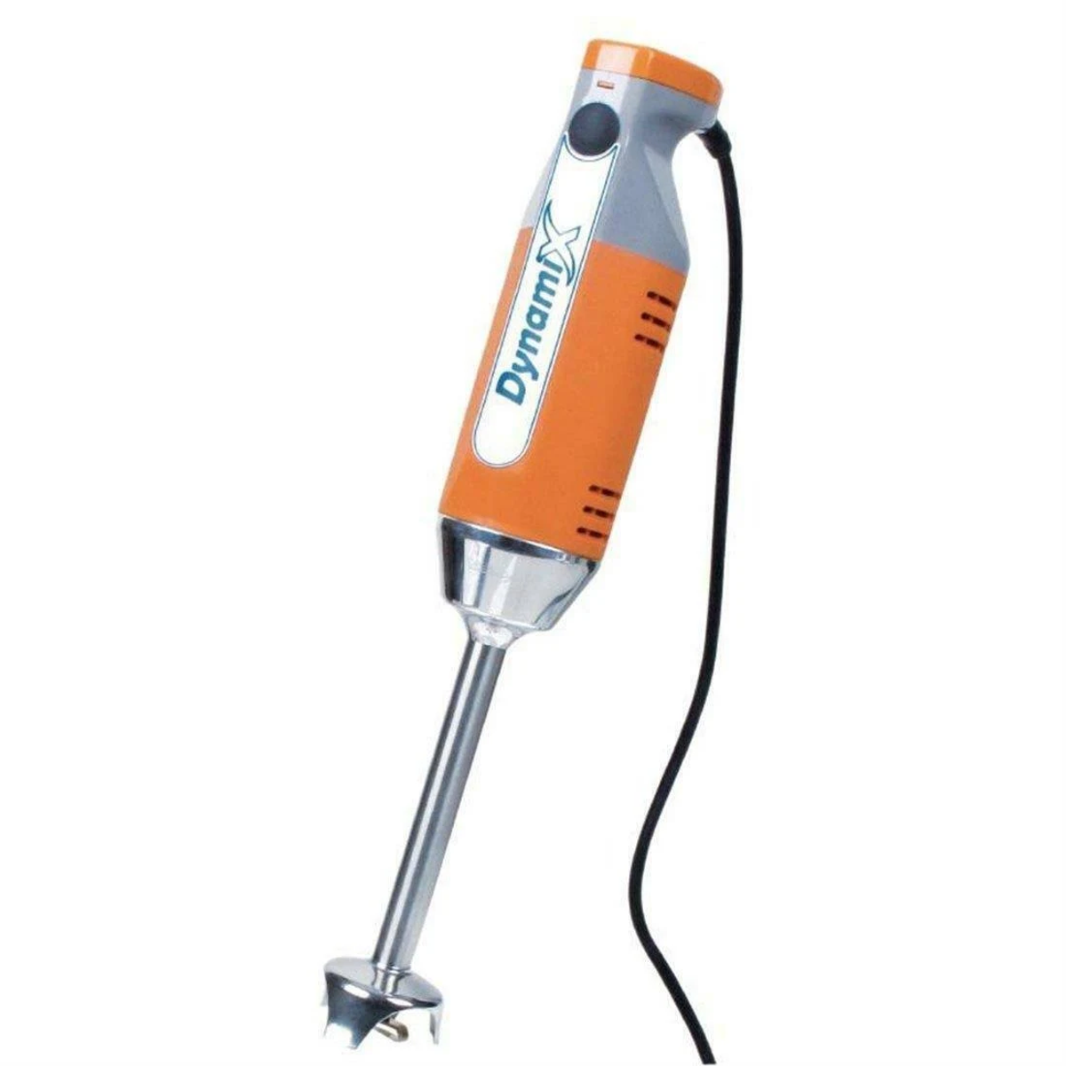 Frullatore a immersione arancione e grigio con lama in acciaio inox, sfondo bianco.