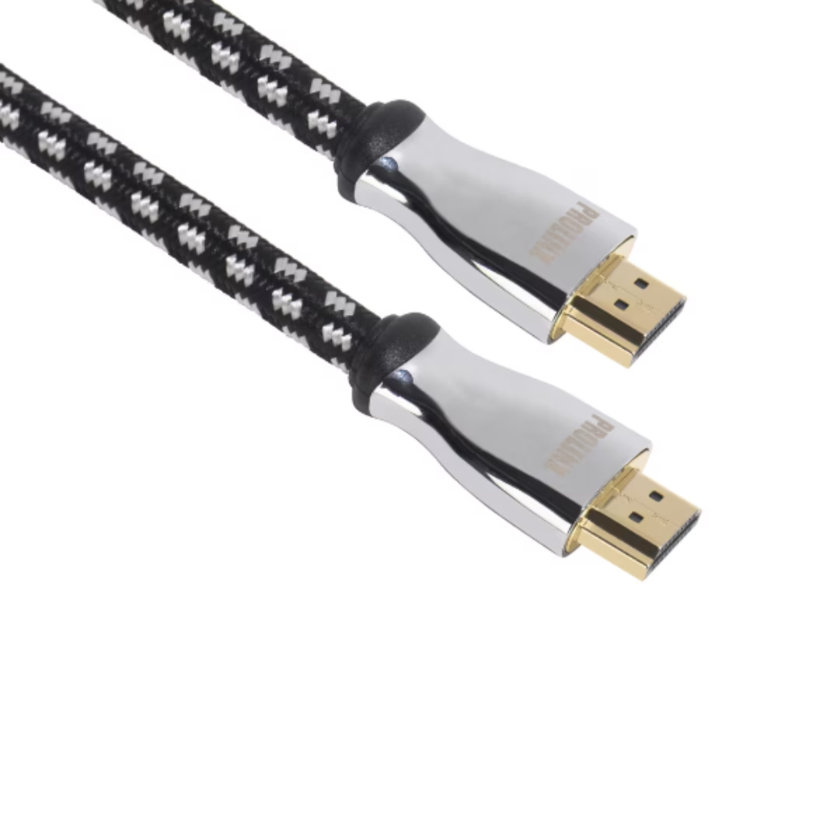 Un cable HDMI blanco y negro con conectores dorados. El cable está sobre una superficie blanca.