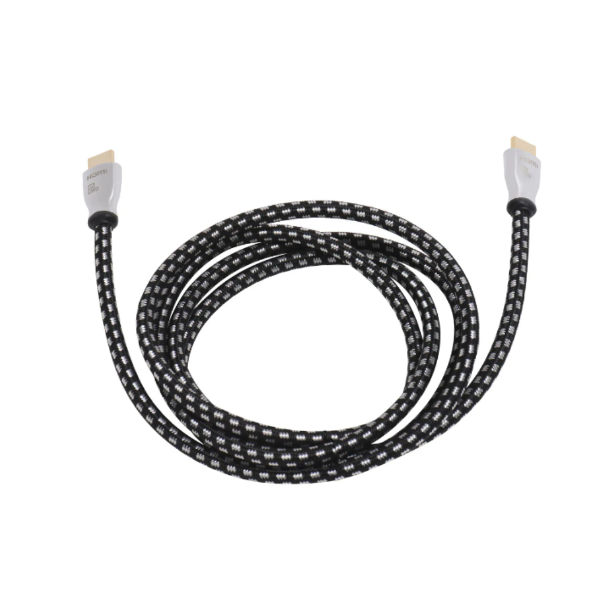 Un cable HDMI con patrón tejido en blanco y negro.