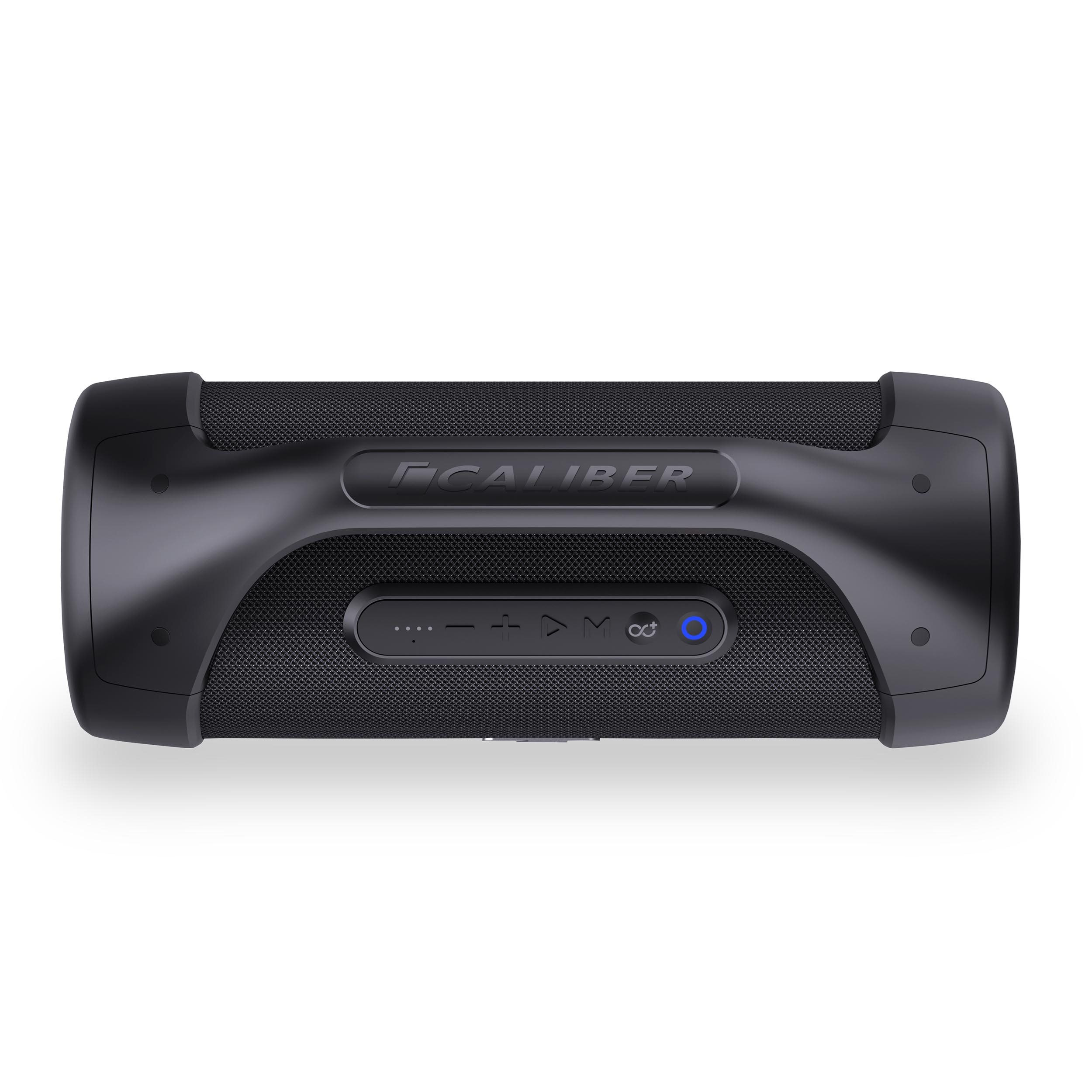 Zwarte draagbare Bluetooth-luidspreker met bedieningsknoppen.