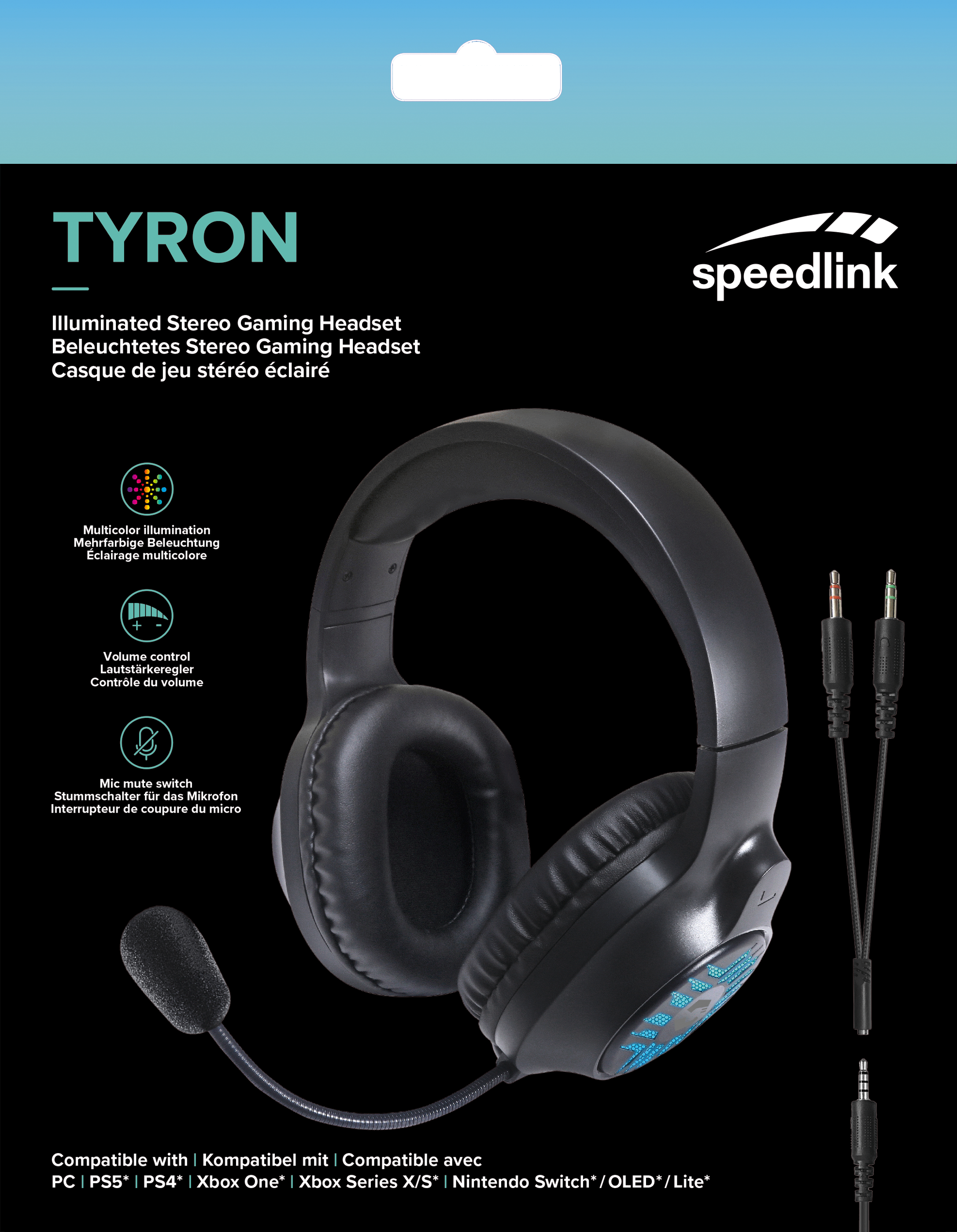 Schwarzes Gaming-Headset mit Mikrofon, Kabeln und Lautstärkeregler.