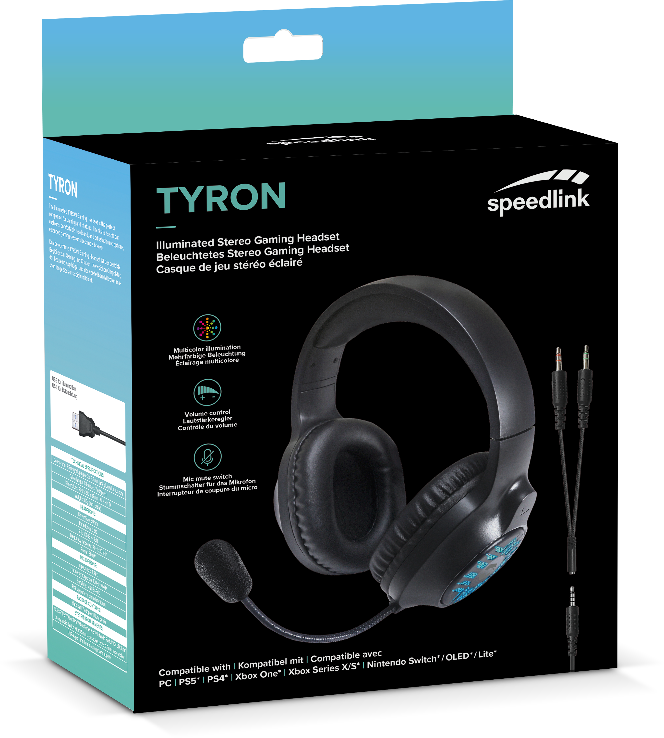 Headset-Box mit Headset, Mikrofon und Kabeln.