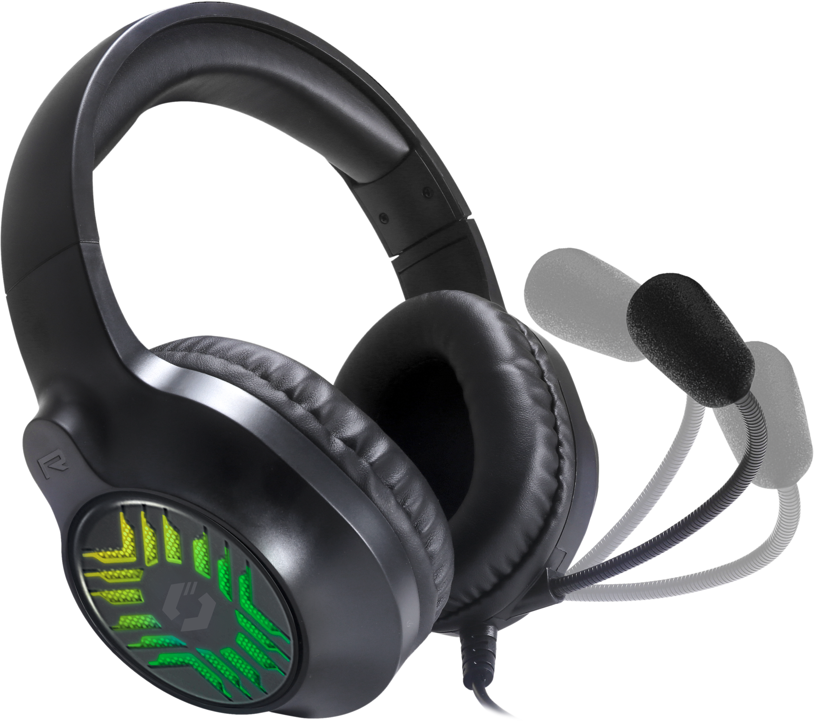 Black gaming headset with a microphone. Green and yellow lights on the ear cup, black background.
