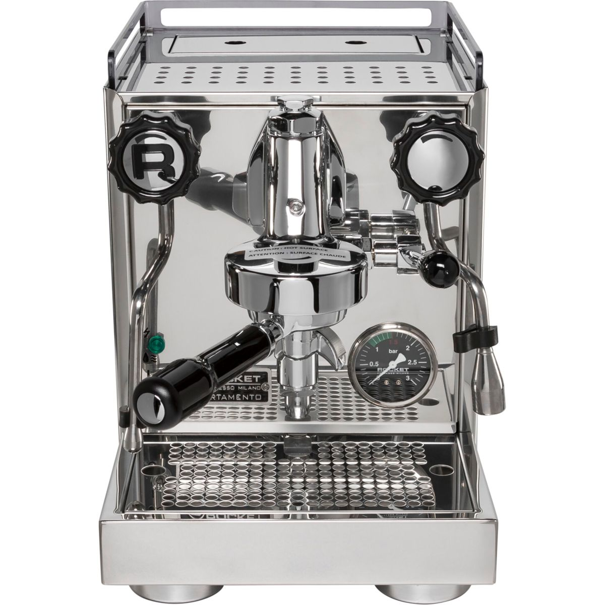 Eine Espressomaschine von Rocket aus Edelstahl mit schwarzen Akzenten und Anzeigen.