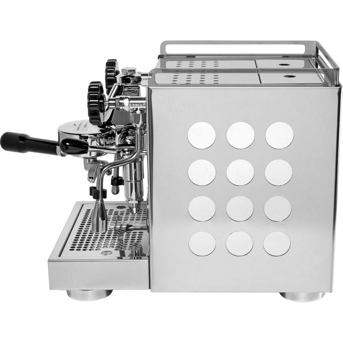 Eine Espressomaschine aus Edelstahl mit mehreren Komponenten und Bedienelementen.