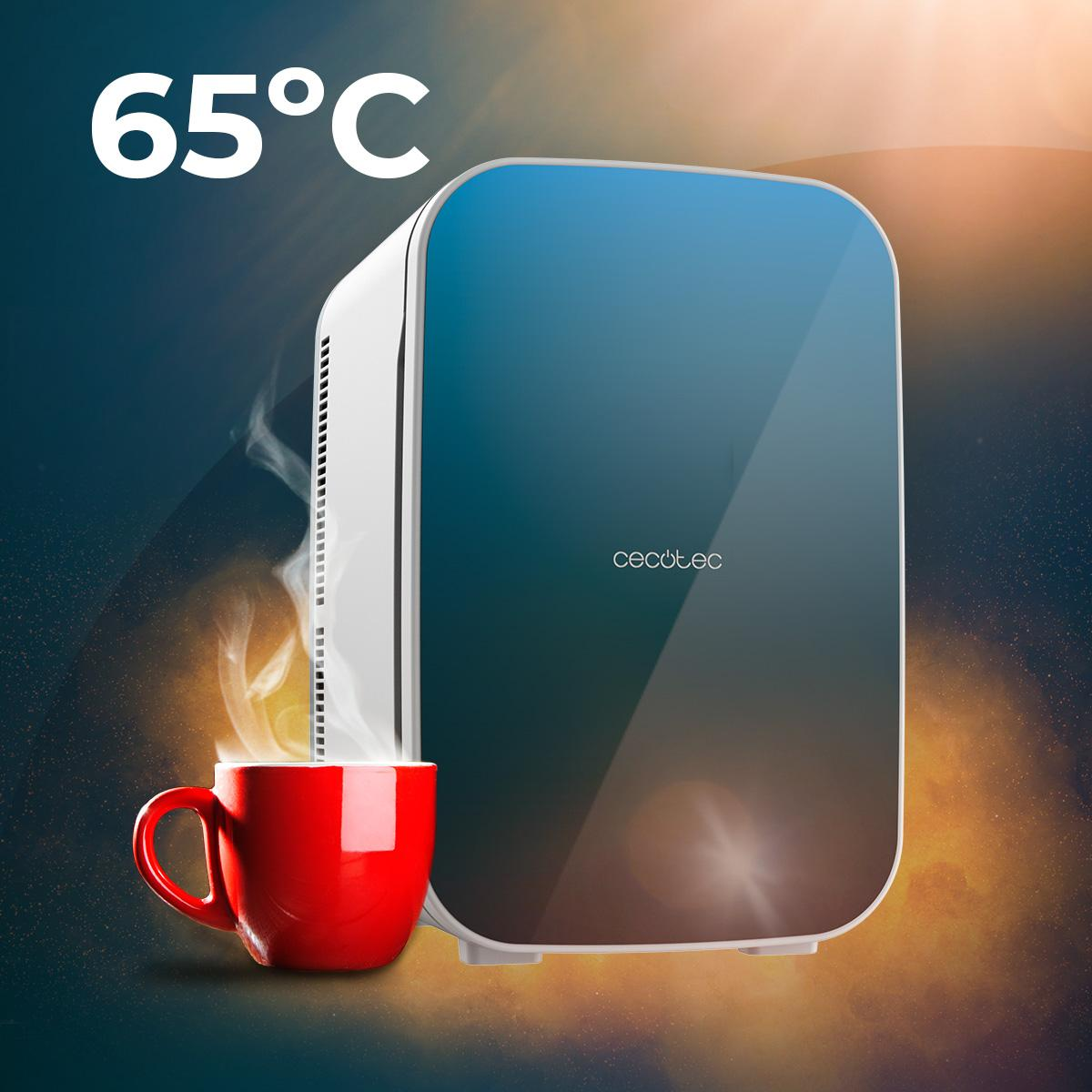 Un pequeño refrigerador blanco y azul con una taza roja de café y vapor.