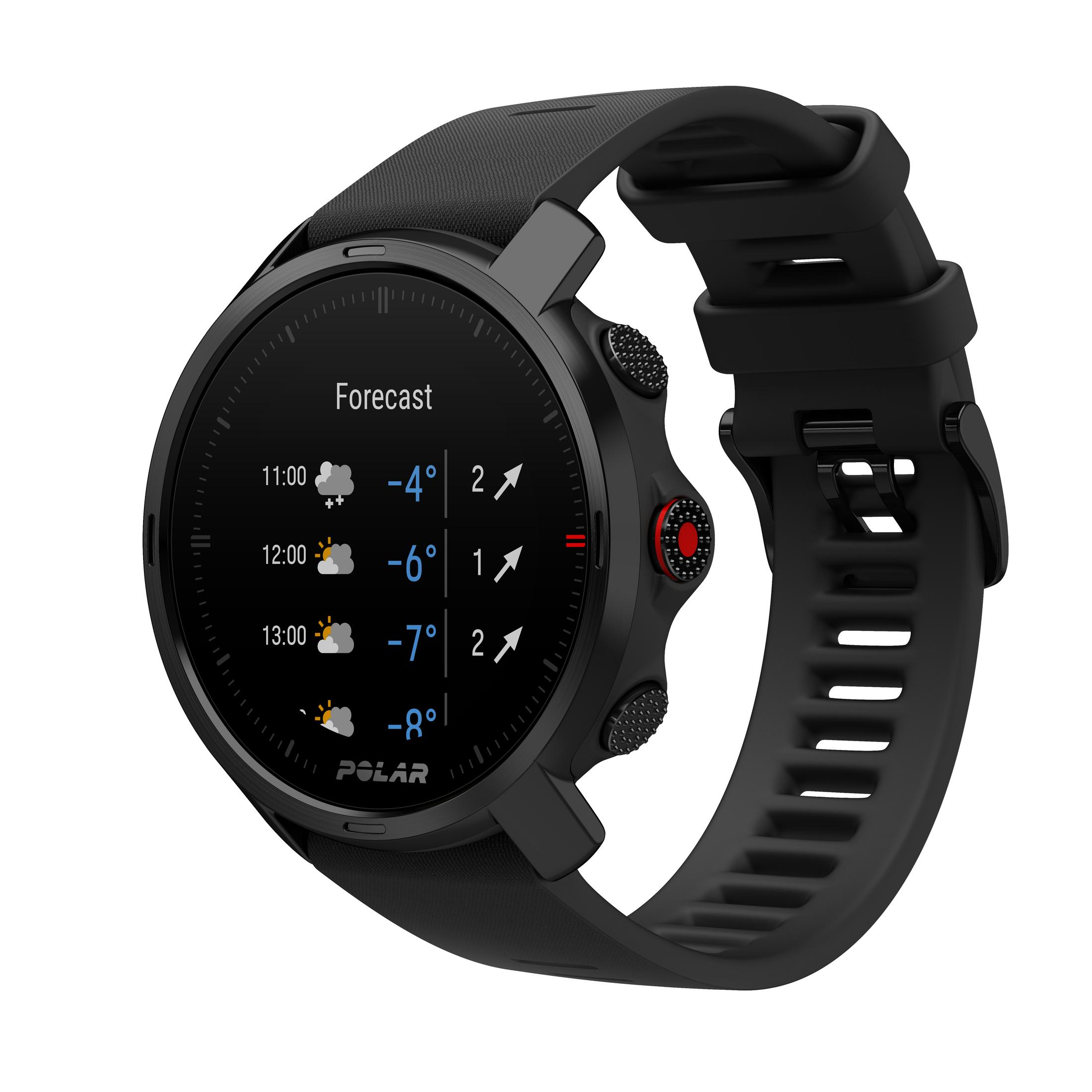 Zwarte Polar smartwatch met weerberichtweergave. Toont temperatuur, tijd en weericonen.