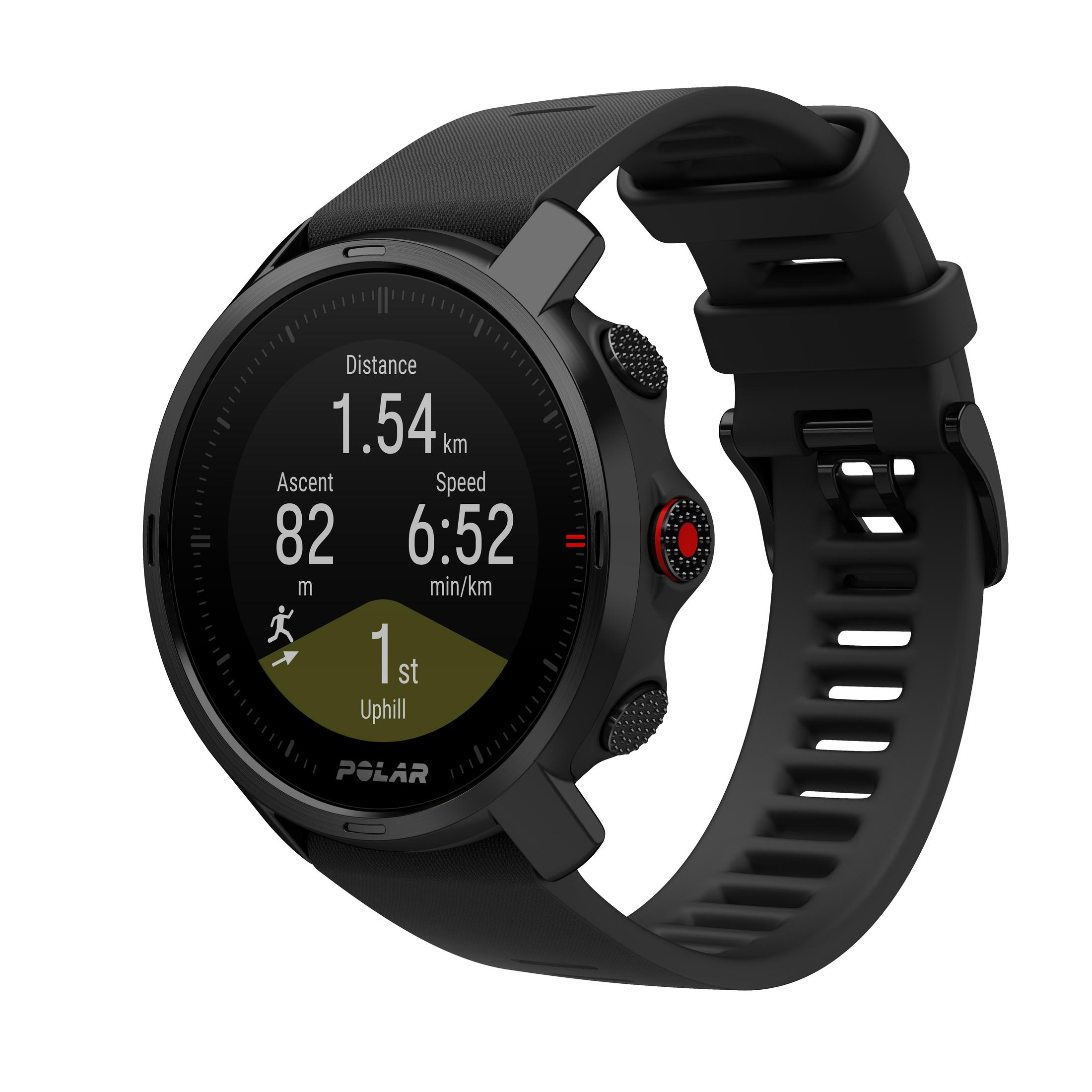 Zwarte Polar smartwatch met display met afstand, stijging, snelheid en tijd. Zwarte band.