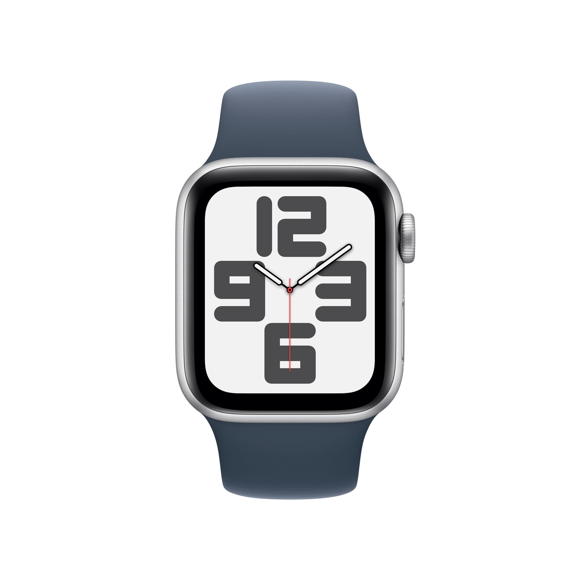 Apple Watch mit blauem Armband. Das Zifferblatt zeigt schwarze Zahlen auf weißem Grund.