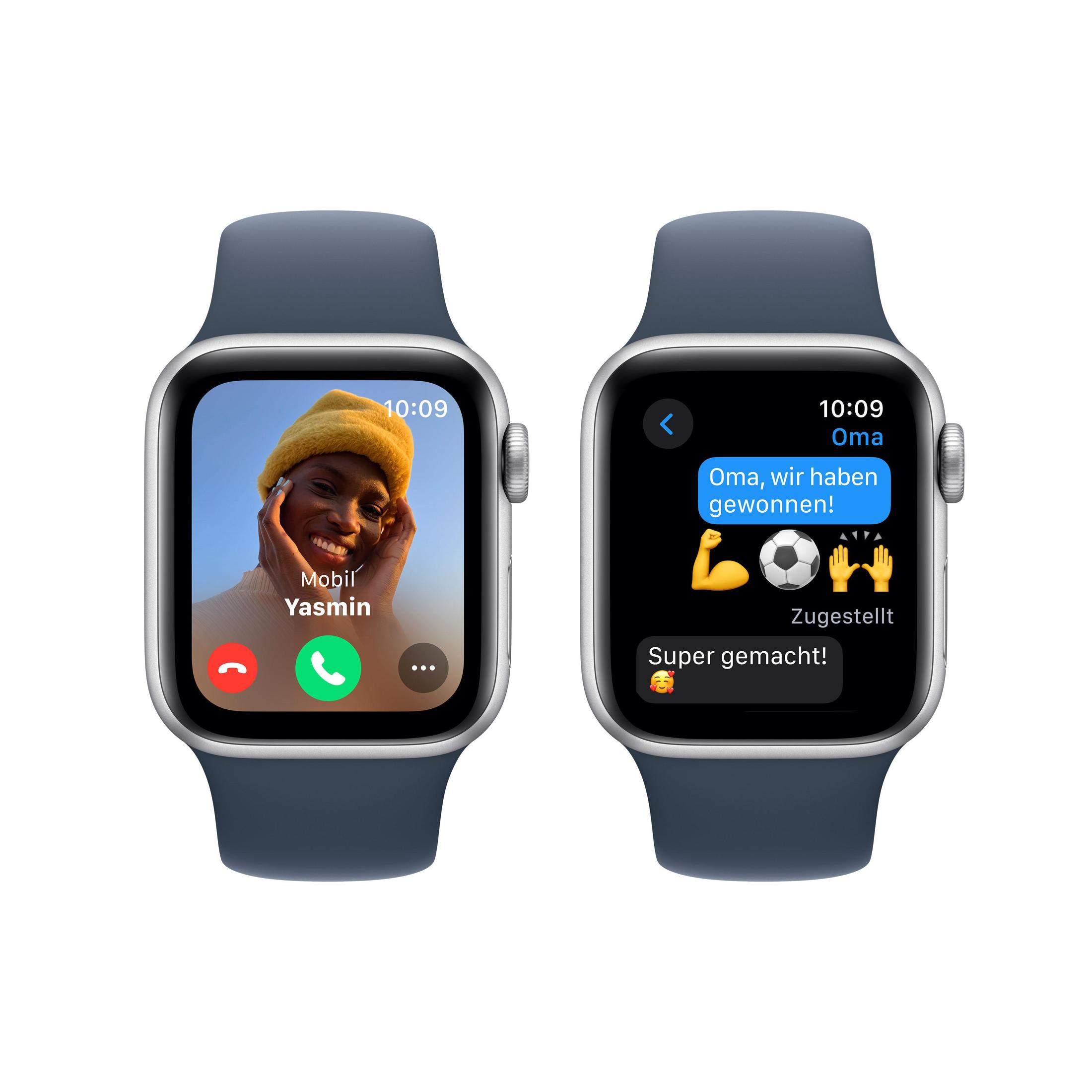 Zwei Smartwatches, die einen Videoanruf und eine Textnachricht mit Emojis anzeigen, auf weißem Hintergrund.