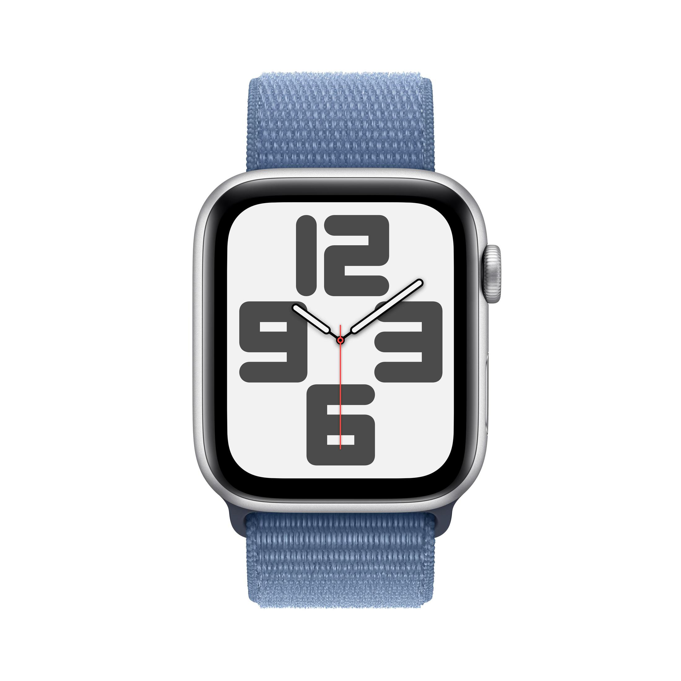 Eine Apple Watch mit blauem Armband, die ein digitales Zifferblatt anzeigt.