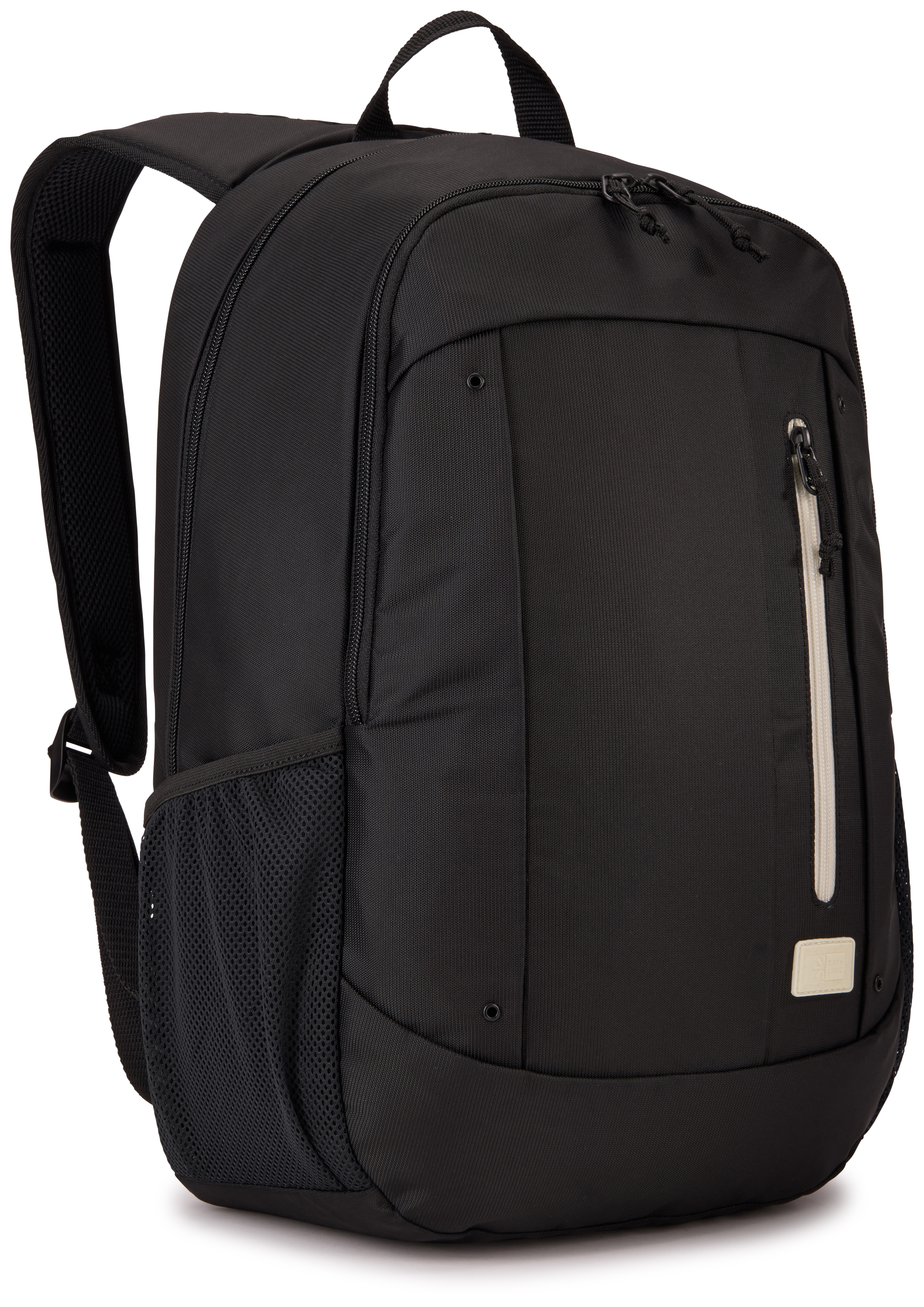 Schwarzer Rucksack mit weißem Reißverschluss, Netztasche und Seitentasche.