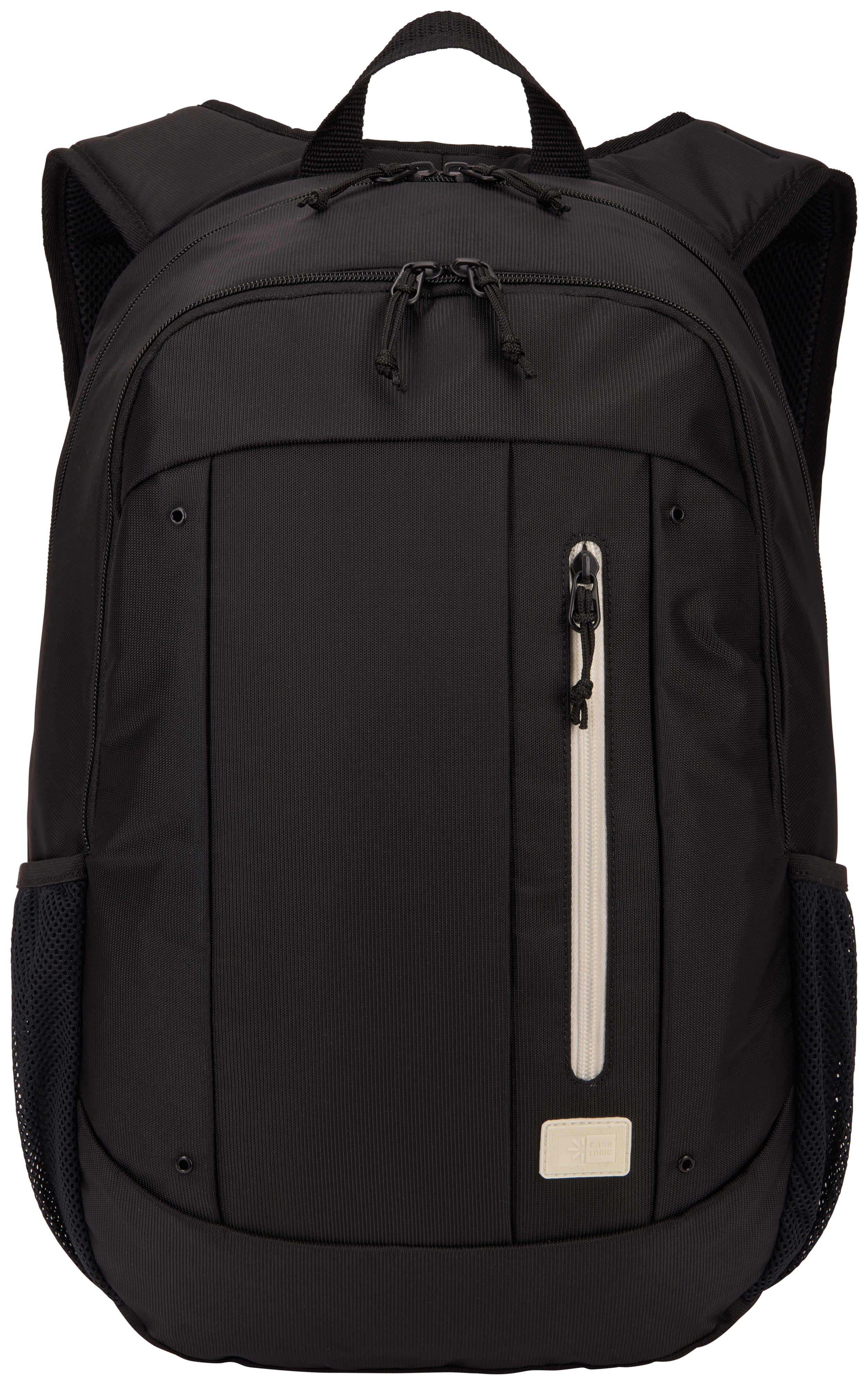 Schwarzer Rucksack mit mehreren Fächern und einem weißen Reißverschluss.