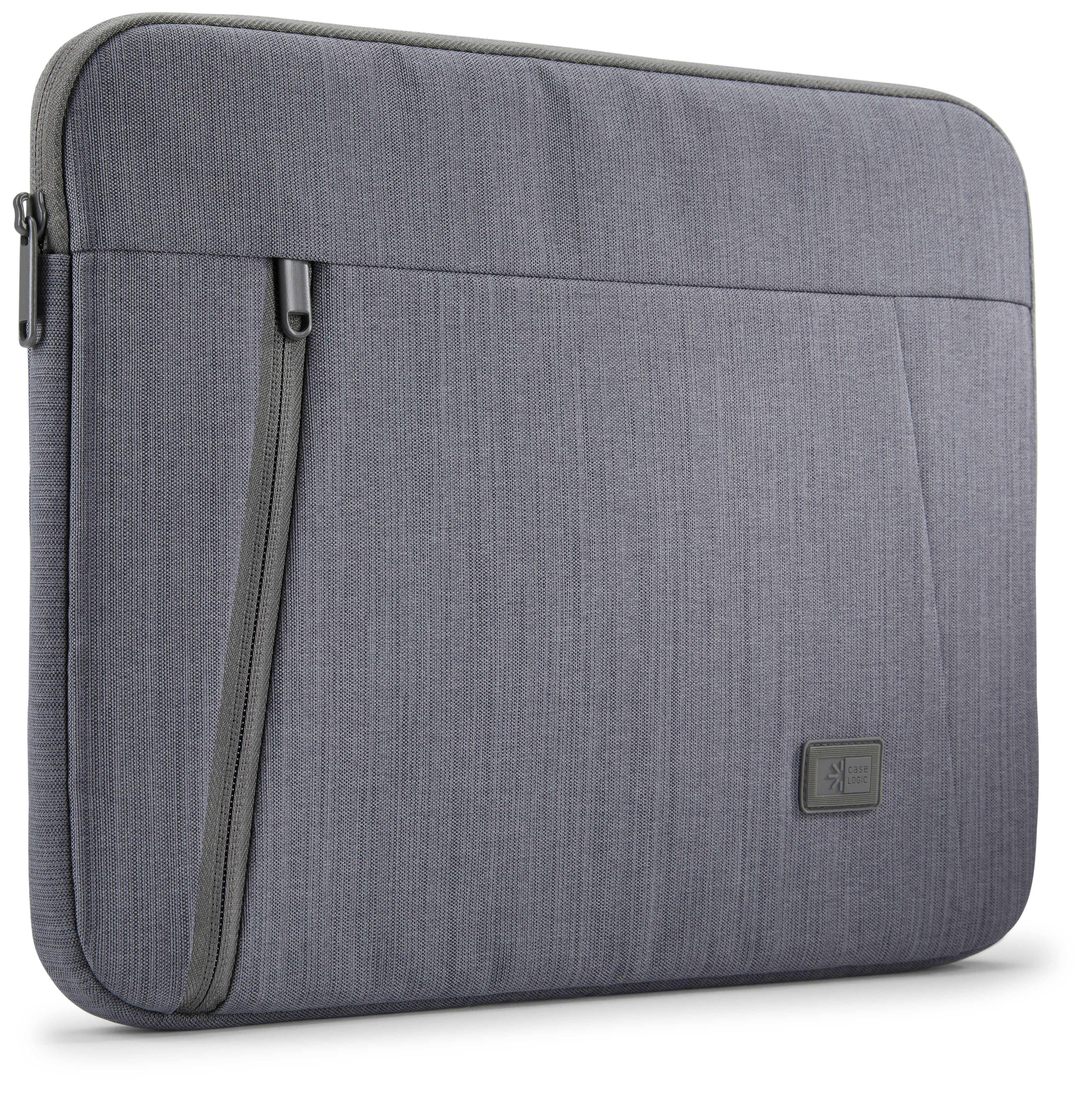 Graue Laptoptasche. Reißverschluss, Case Logic Logo und eine Seitentasche.