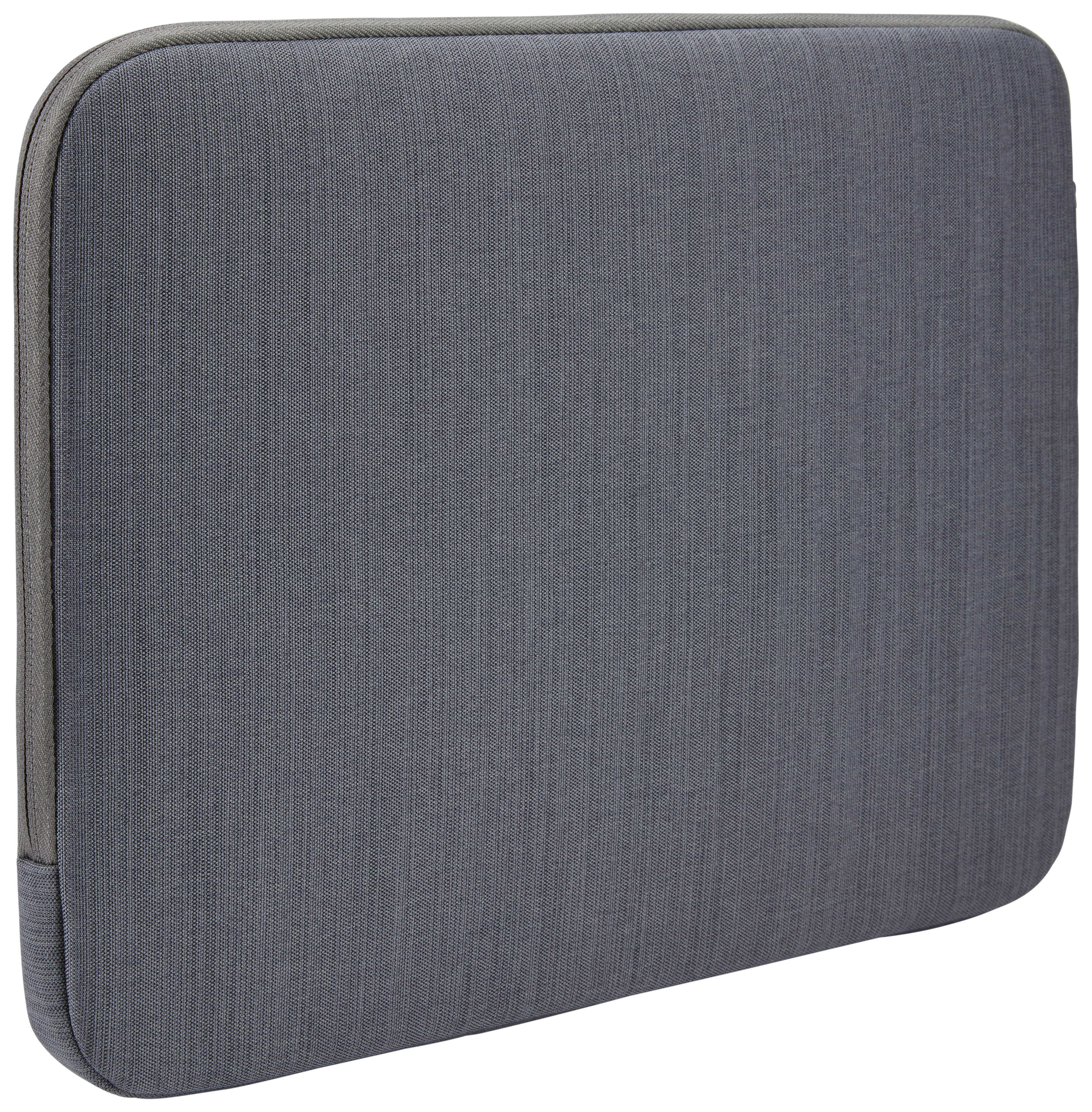 Eine graue Laptoptasche mit Reißverschluss. Die Hülle besteht aus strukturiertem Material und hat ein schlichtes Design.