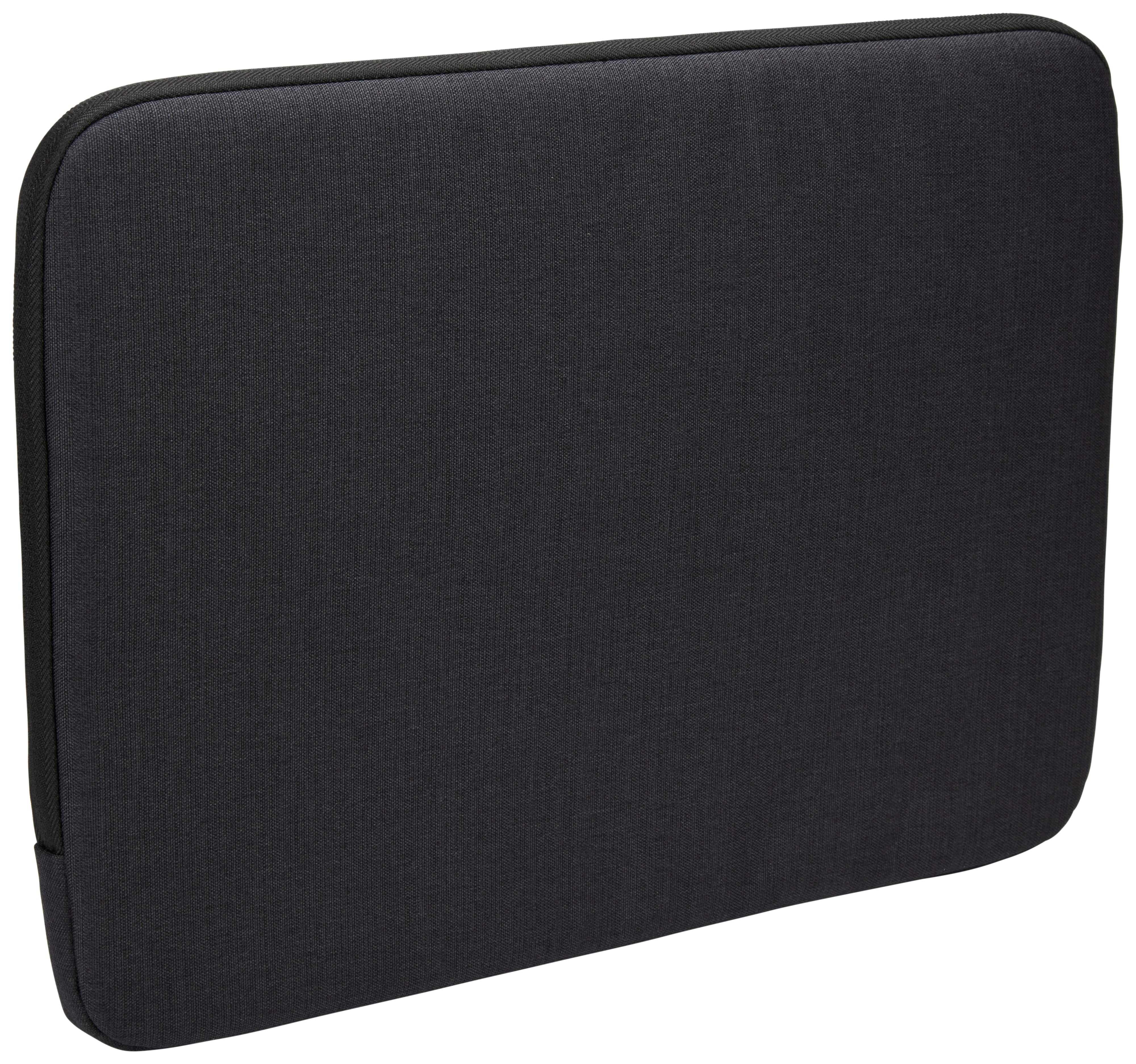 Eine schwarze Laptoptasche. Schwarzes Material und Reißverschluss.