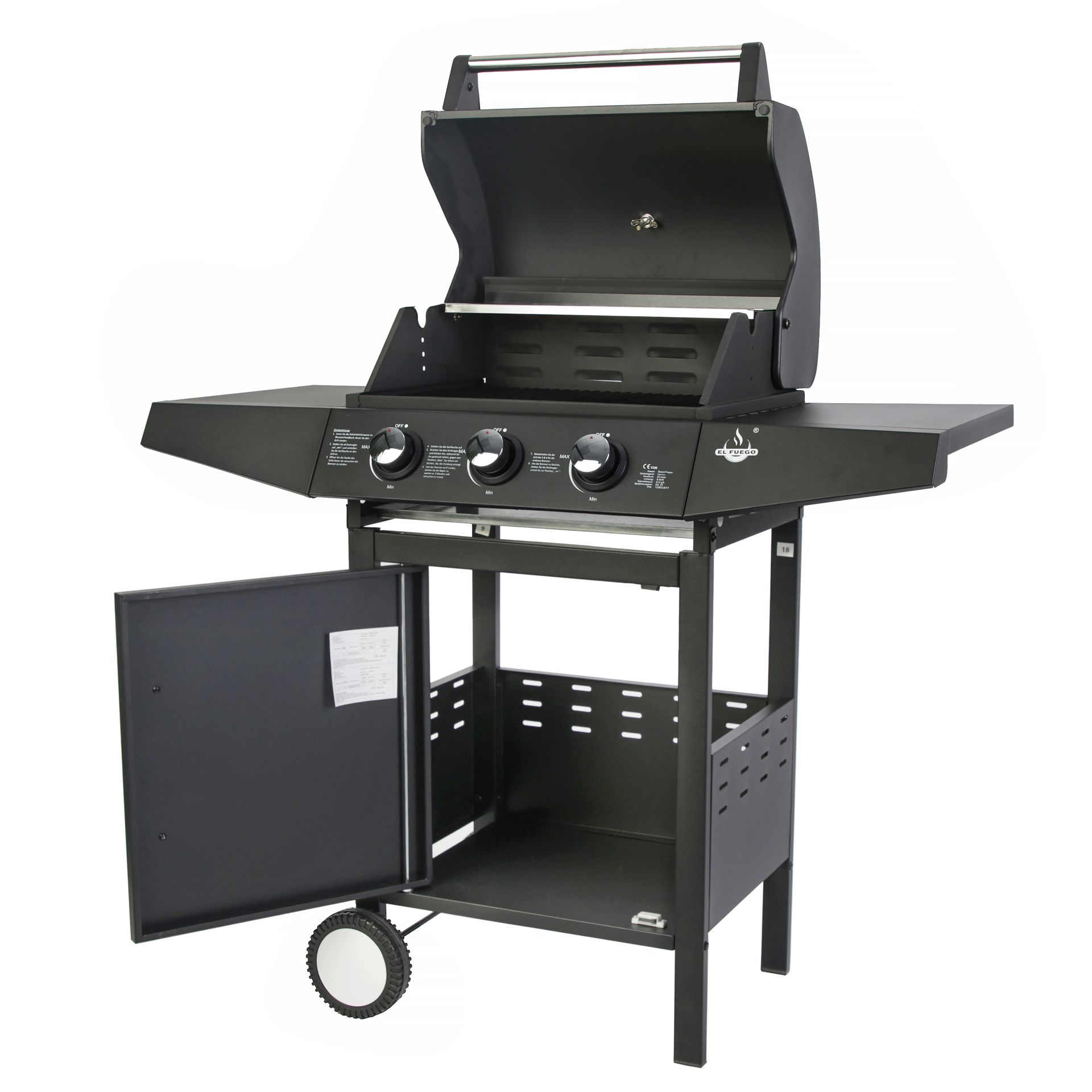Schwarzer Grill mit geöffnetem Deckel, einem Beistelltisch und offener Aufbewahrungstür.