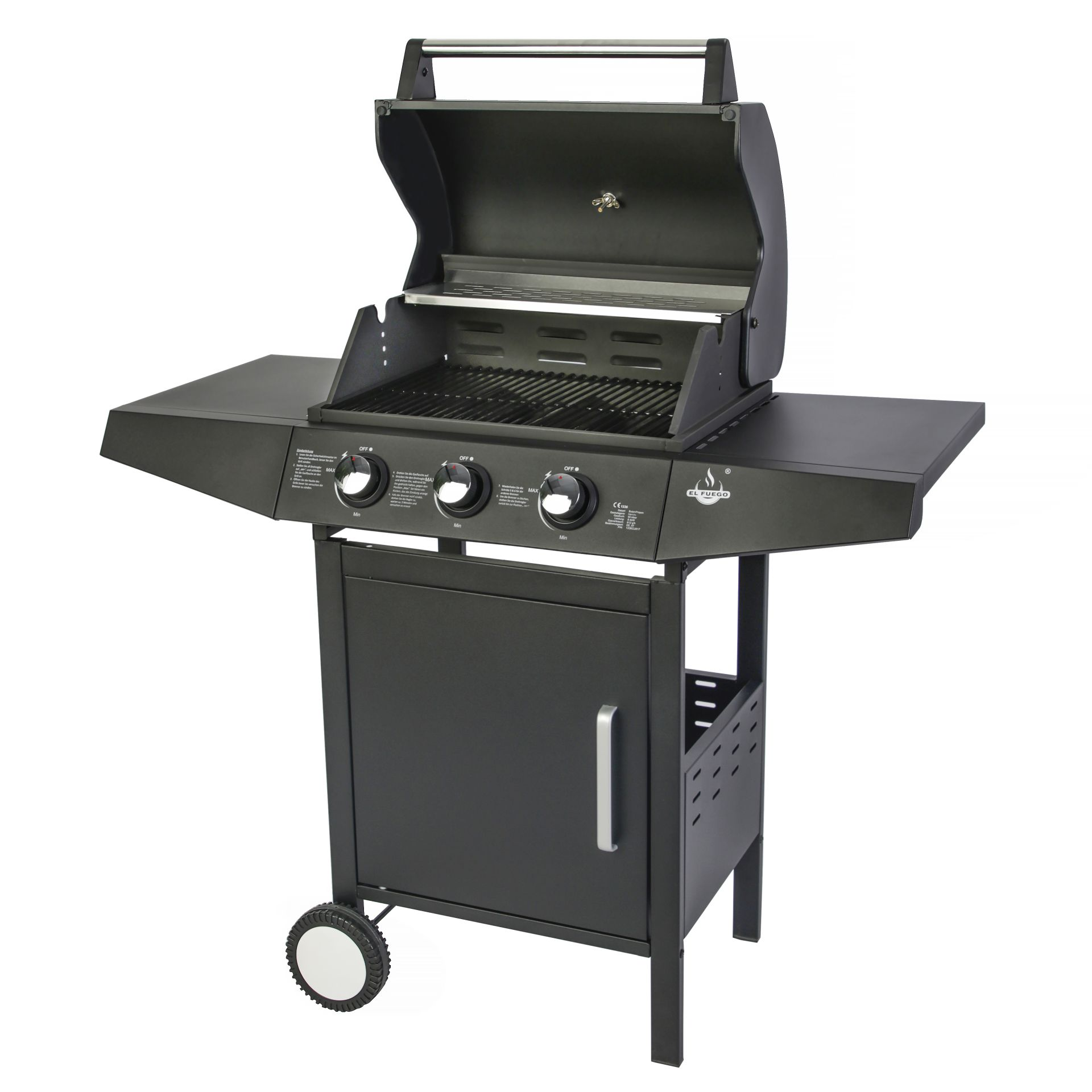 Ein schwarzer Gasgrill mit drei Drehknöpfen, einem Seitenbrenner und einem schwarzen Schrank mit Tür.