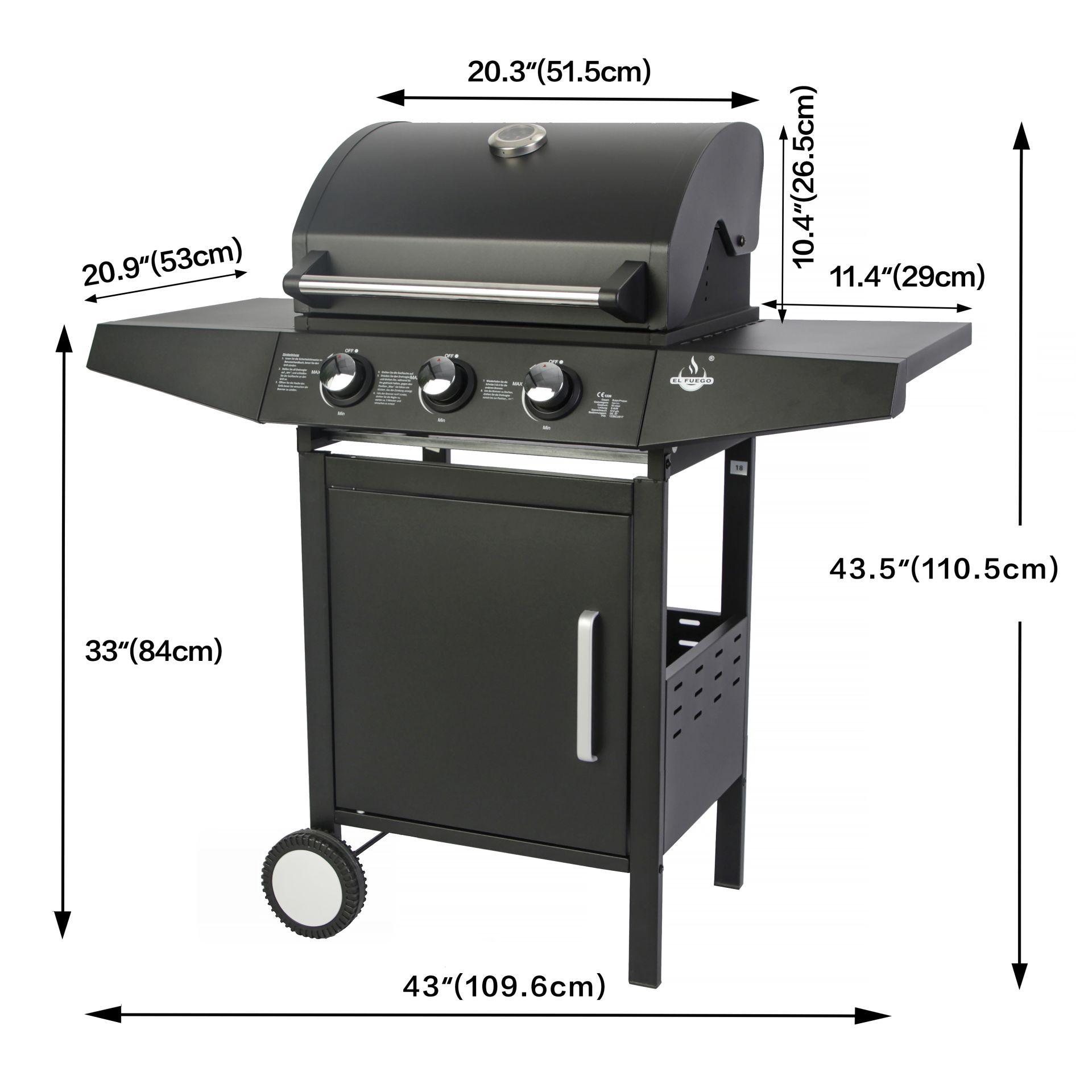 Schwarzer Gasgrill mit abgebildeten Maßen. Hat eine Tür und zwei Seitenablagen. Weißer Hintergrund.