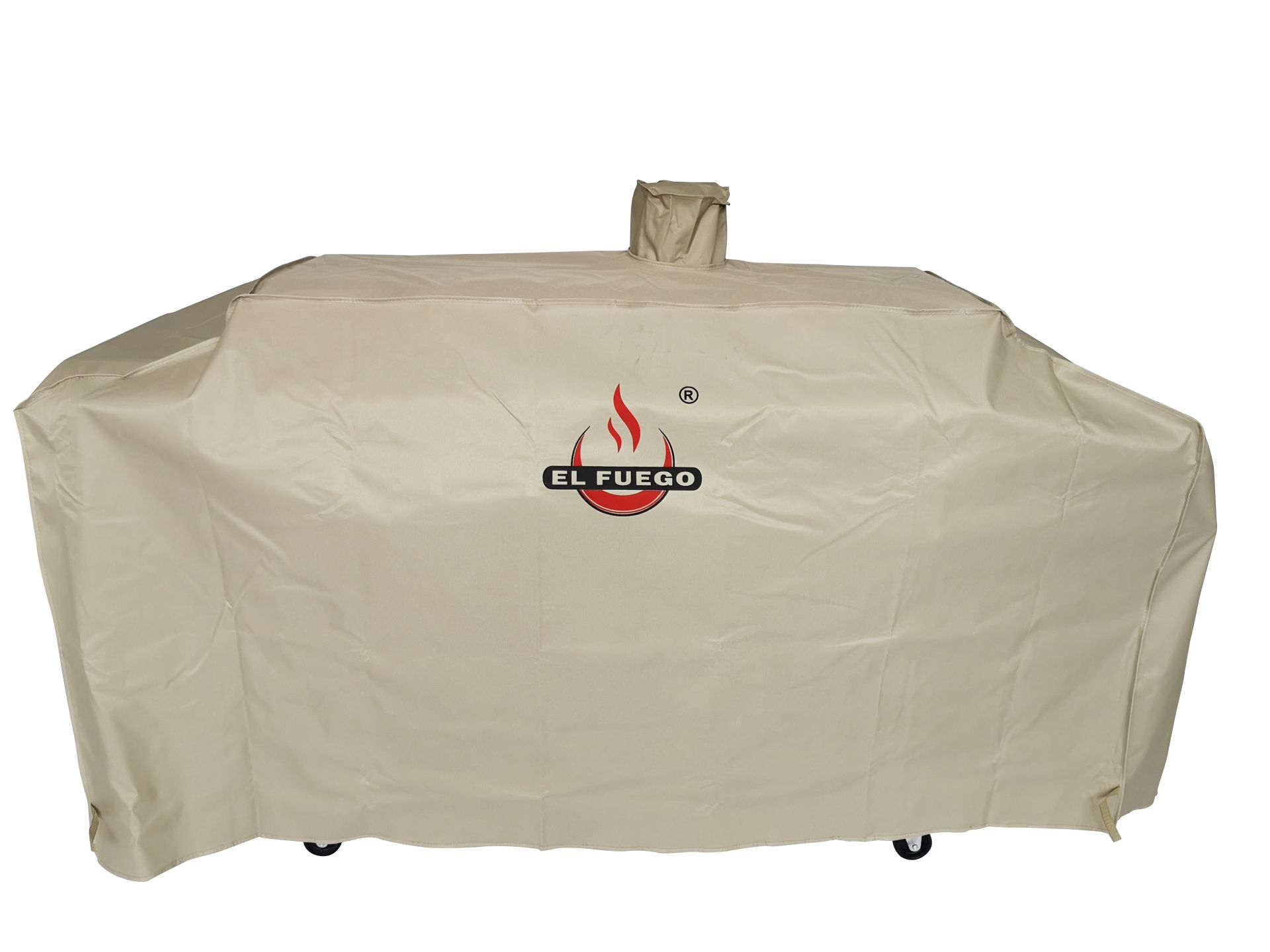 Eine beige Grillabdeckung mit dem El Fuego-Logo. Die Abdeckung hat Räder und einen Schornstein.