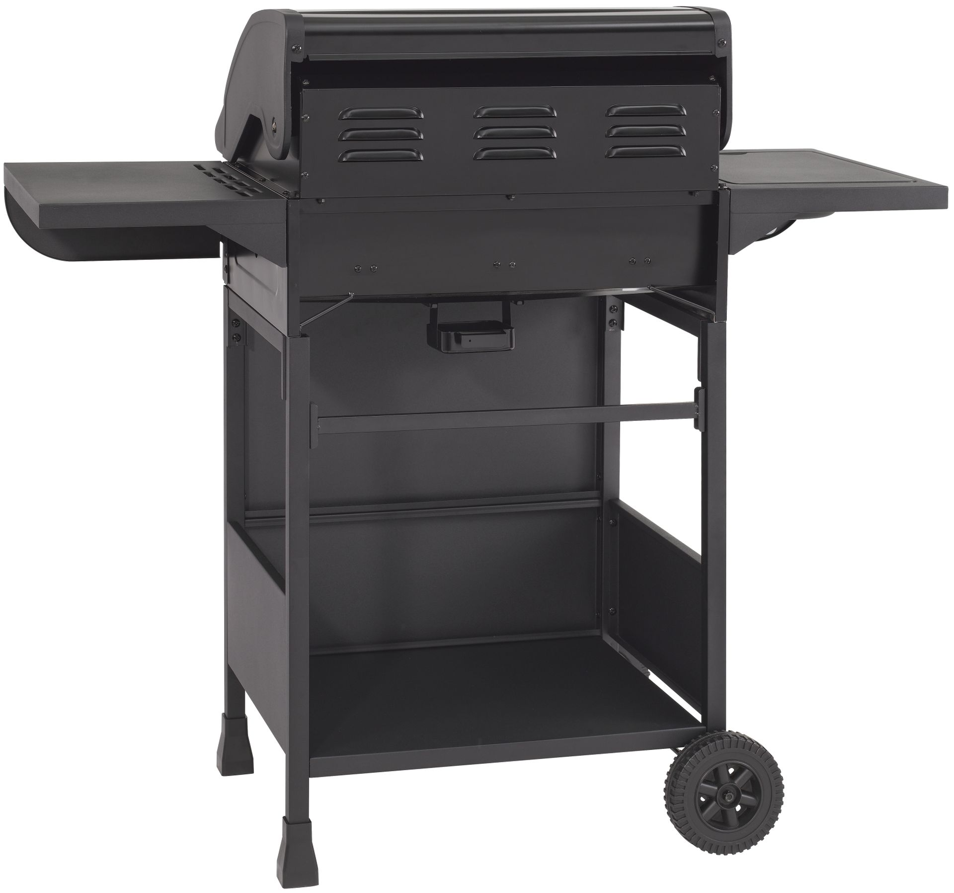 Ein schwarzer Außengrill auf weißem Hintergrund, mit Seitentisch und Rädern.
