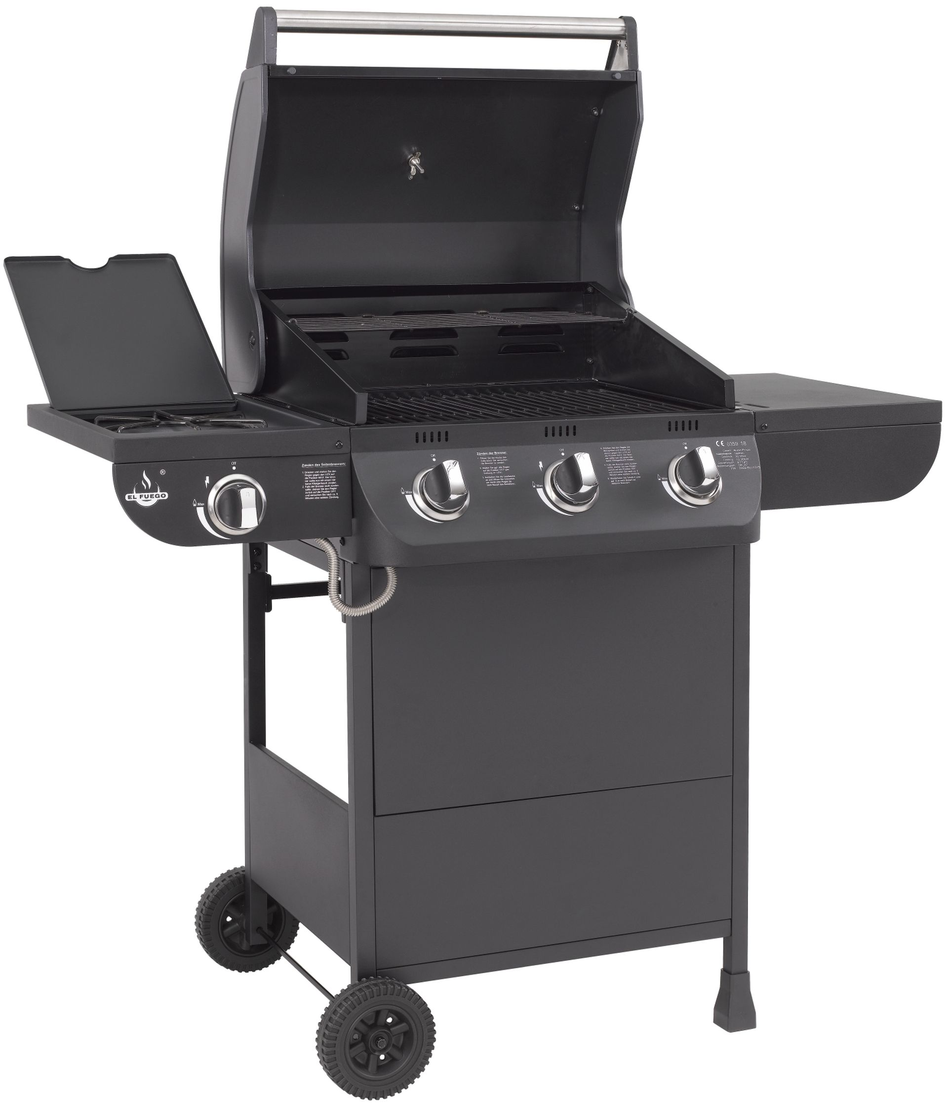 Ein schwarzer Gasgrill mit drei Brennern, auf Rädern. Deckel ist geöffnet.