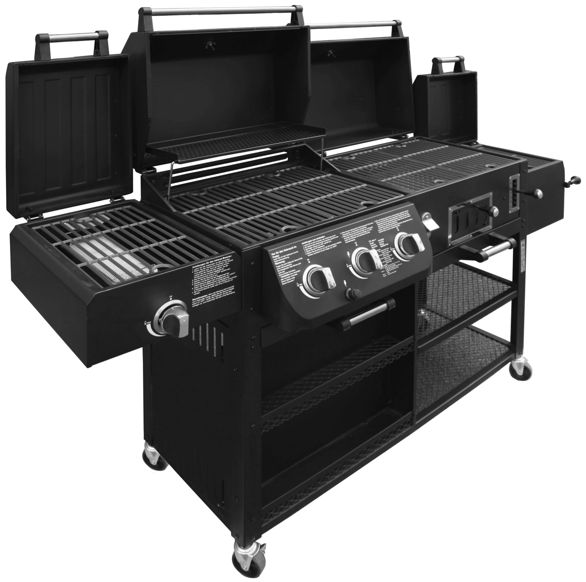 Schwarzer Gasgrill mit mehreren Brennern und Ablagen, offenen Deckeln, auf Rädern.